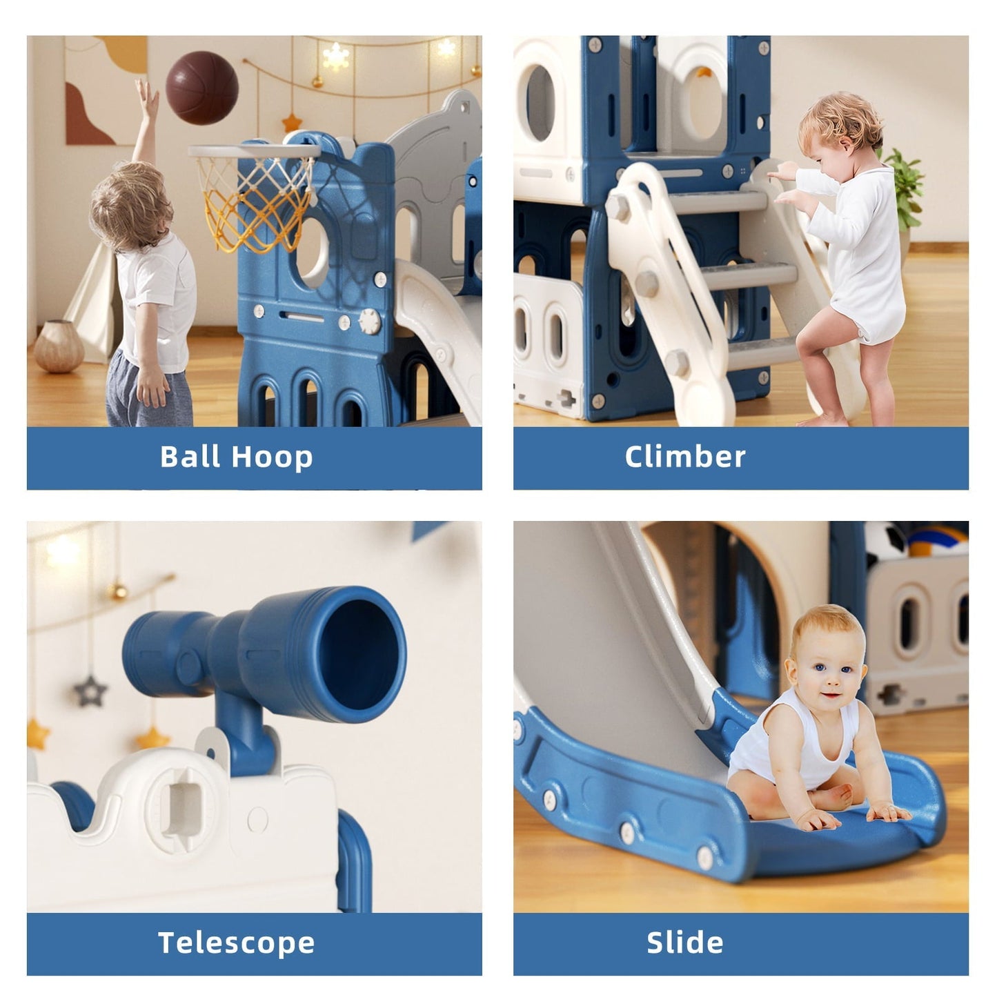 XJD Toddler Slide with Climber, 5-in-1 Kid Indoor Playground Freestanding Playset, Outdoor Slide Toddlers Climber and Slide Set with Basketball Hoop and Climber for Kids Age 1+, Blue