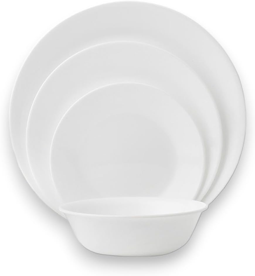 18-Piece Service for 6 Dinnerware Set. Triple Layer Glass and Chip Resistant. Lightweight Round Plates and Bowls Set. Winter Frost White