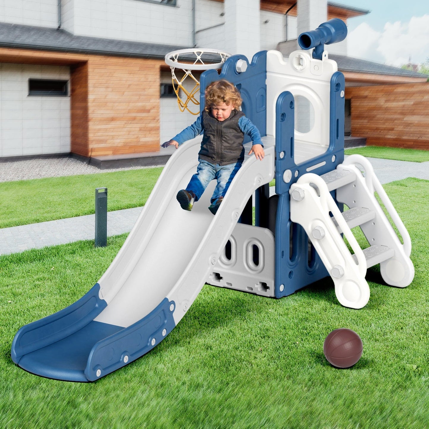 XJD Toddler Slide with Climber, 5-in-1 Kid Indoor Playground Freestanding Playset, Outdoor Slide Toddlers Climber and Slide Set with Basketball Hoop and Climber for Kids Age 1+, Blue
