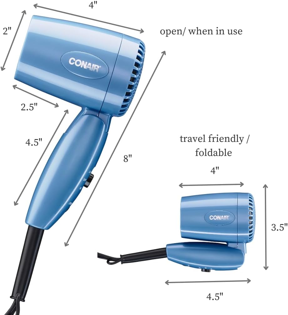 Travel Hair Dryer with Dual Voltage. 1600W Compact Hair Dryer with Folding Handle. Travel Blow Dryer