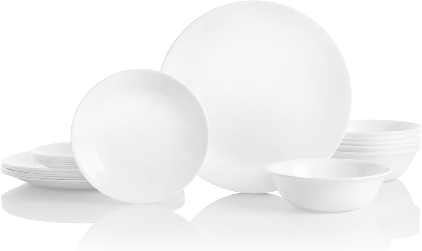 18-Piece Service for 6 Dinnerware Set. Triple Layer Glass and Chip Resistant. Lightweight Round Plates and Bowls Set. Winter Frost White