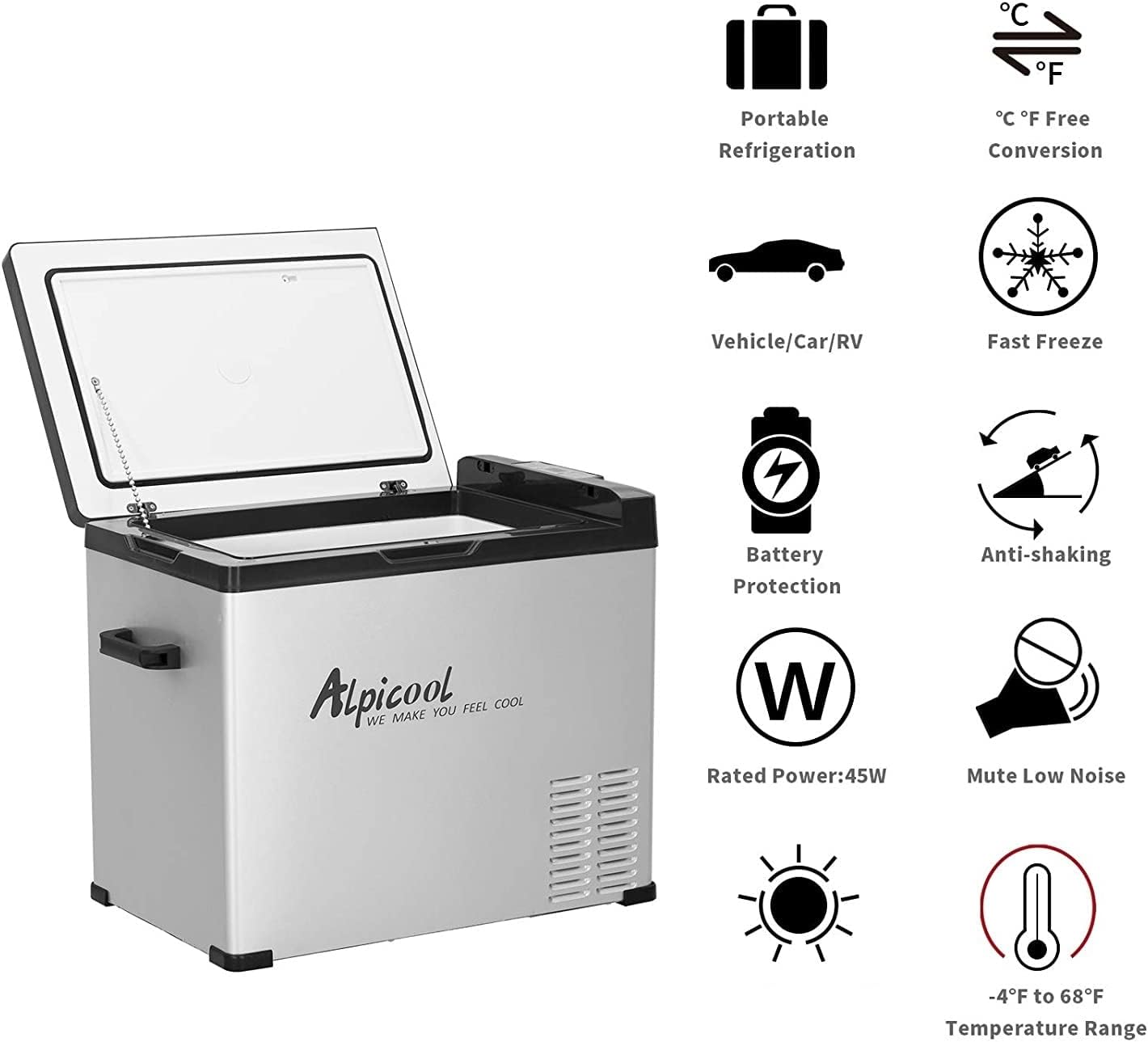 C50 Portable Refrigerator 53 Quart(50 Liter) 12 Volt Car Freezer for Vehicle. Truck. RV. Boat. Mini Fridge Freezer for Travel. Outdoor. Home -12/24V DC and 110-240V AC (Black and Silver)