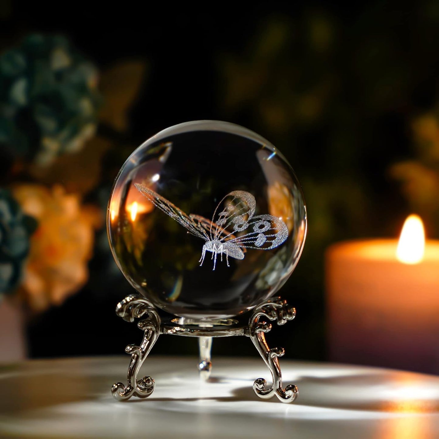 3D Engrving Crystal Lotus Flower Figurine Crystal Ball with Sliver-Plated Flowering Stand Glass Decorative Ball Sphere for Home Decor 2.3 inch (60mm)