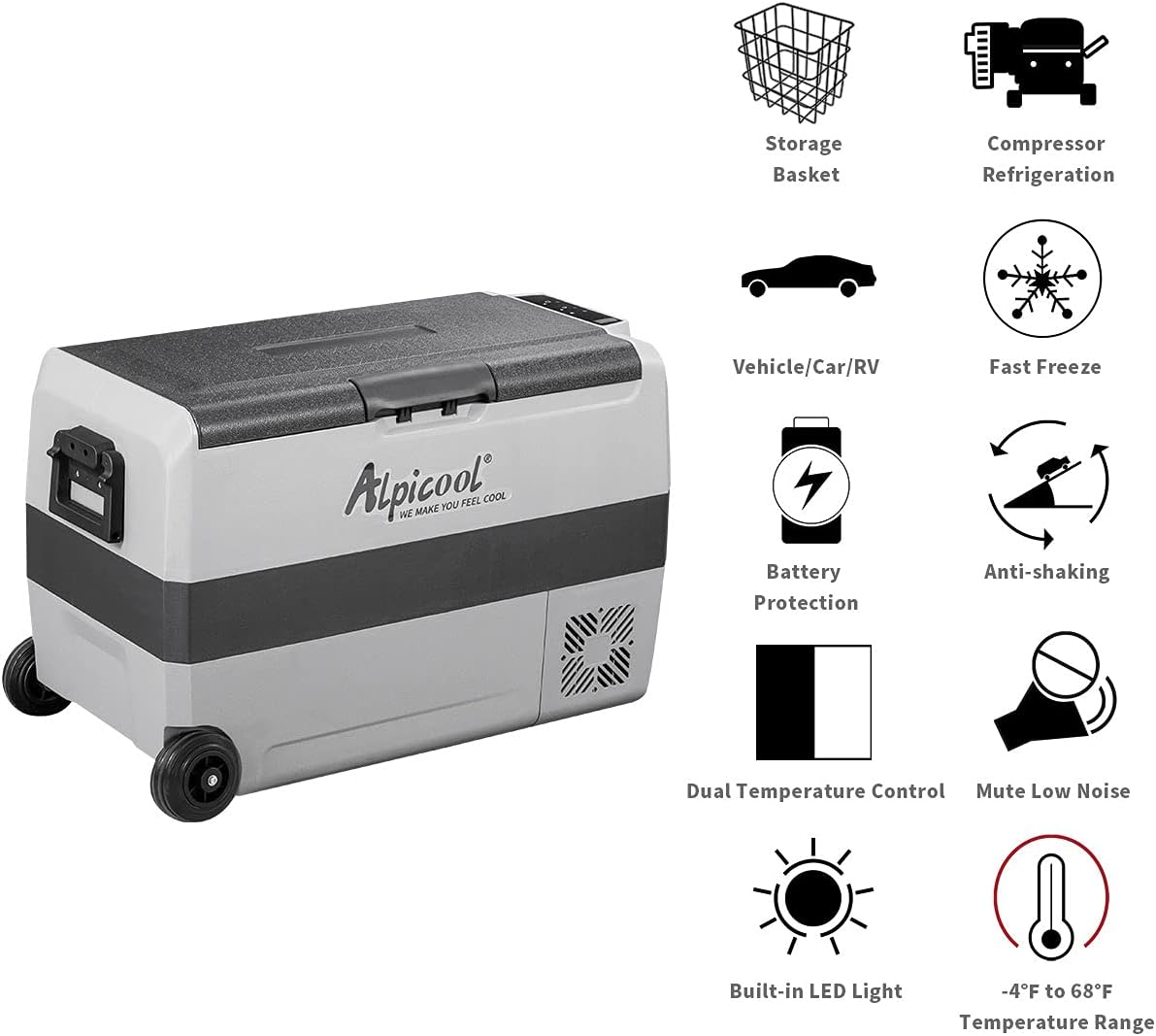 T50 Dual Temperature Control 12 Volt Refrigerator 53 Quart Portable Car Fridge Freezer (-4°F~68°F) for Truck. RV. Boat. Camping and Travel