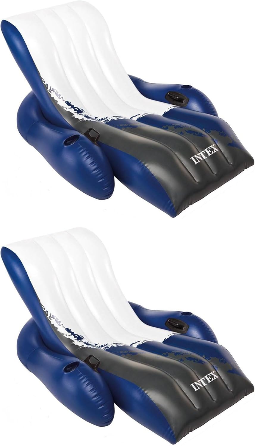 Inflatable Lounge Pool Recliner Lounger Chair with Cup Holders - Heavy-Duty Float Raft for Adults. 220 Lb Capacity Large Floating Tanning Chair