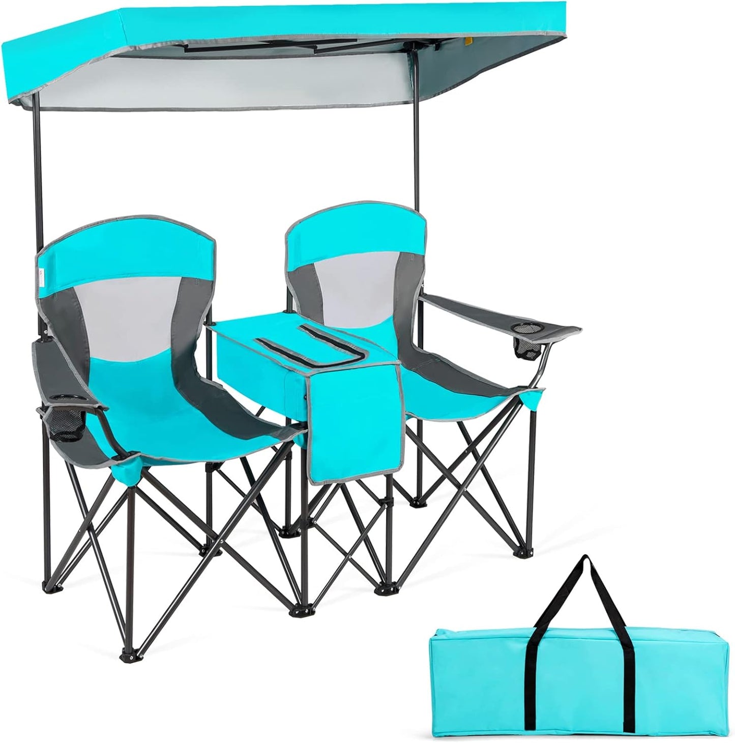 Chaise de Camping Pliante 2 Places avec Parasol Amovible et réglable. Chaise de Plage avec Glacière et Porte-Gobelet. pour Pique-Nique. Pêche. Charge 120KG Chaque Siège (Rouge)