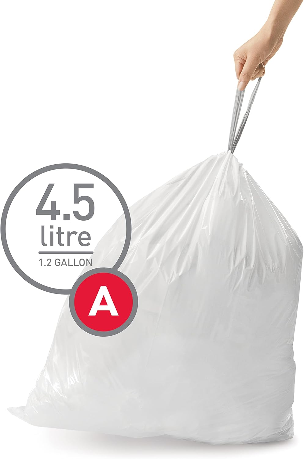90 Count. Genuine Custom Fit Liners. Drawstring Trash Bags in Dispenser Packs. 4.5 Liter / 1.2 Gallon. White