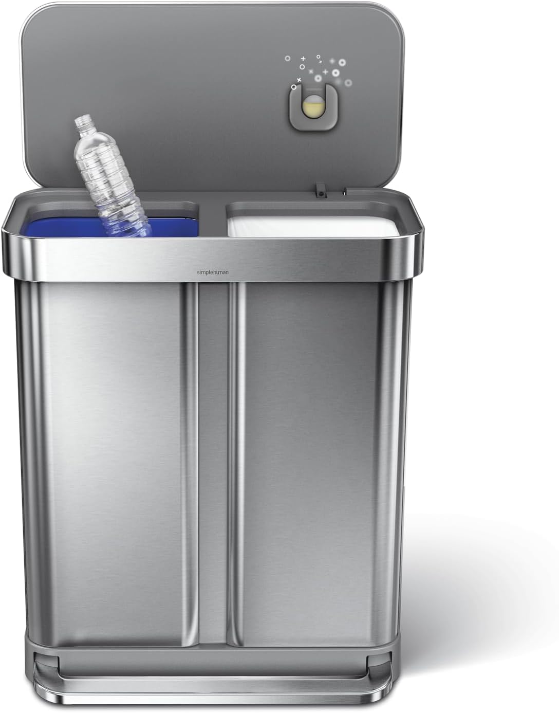 58 Liter / 15.3 Gallon Rectangular Hands-Free Dual Compartment Recycling Kitchen Step Trash Can with Soft-Close Lid. Brushed Stainless Steel