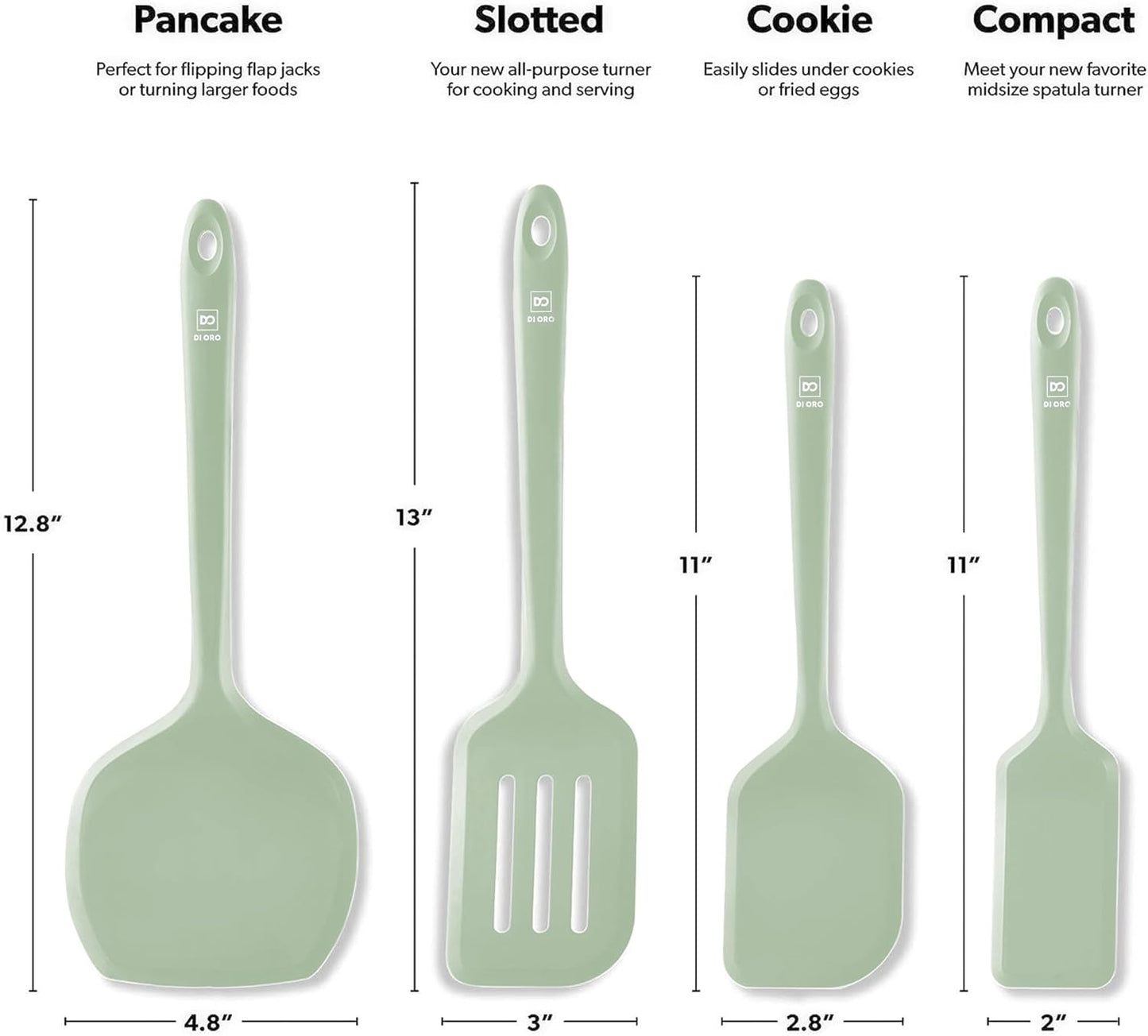 New Silicone Turner Spatula Set - Kitchen Spatulas for Nonstick Cookware - Cooking Utensils for Flipping Eggs & Pancakes - 600°F Heat-Resistant BPA Free Turners - Dishwasher Safe (4pc. Sage)