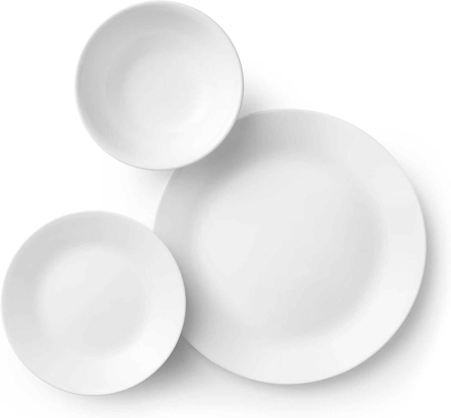 18-Piece Service for 6 Dinnerware Set. Triple Layer Glass and Chip Resistant. Lightweight Round Plates and Bowls Set. Winter Frost White