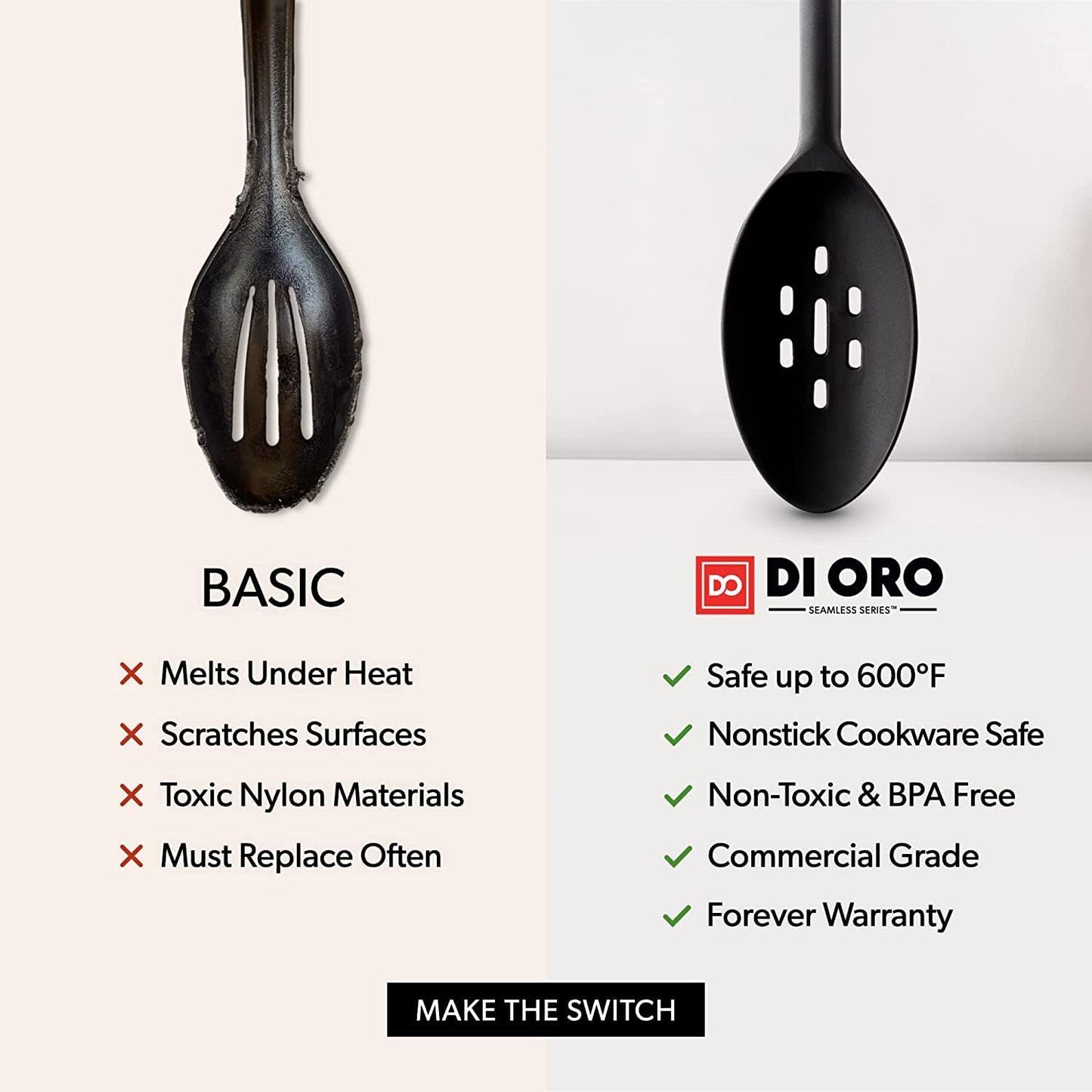Silicone Spoons for Cooking - Large Kitchen Spoons for Mixing. Serving. & Stirring - 600°F Heat-Resistant Non Stick Utensils – Big Solid & Slotted Basting Spoons - Dishwasher Safe (2pc. Black)