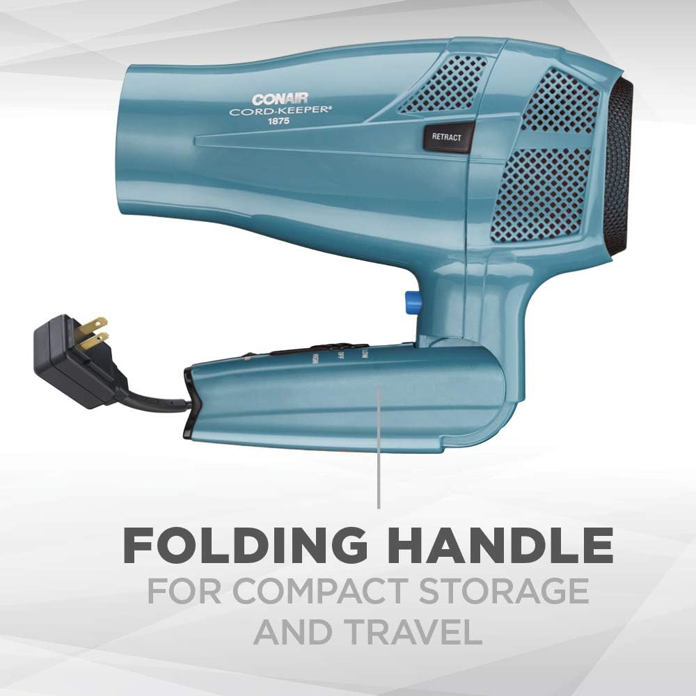 Hair Dryer with Folding Handle and Retractable Cord. 1875W Travel Hair Dryer. Conair Blow Dryer