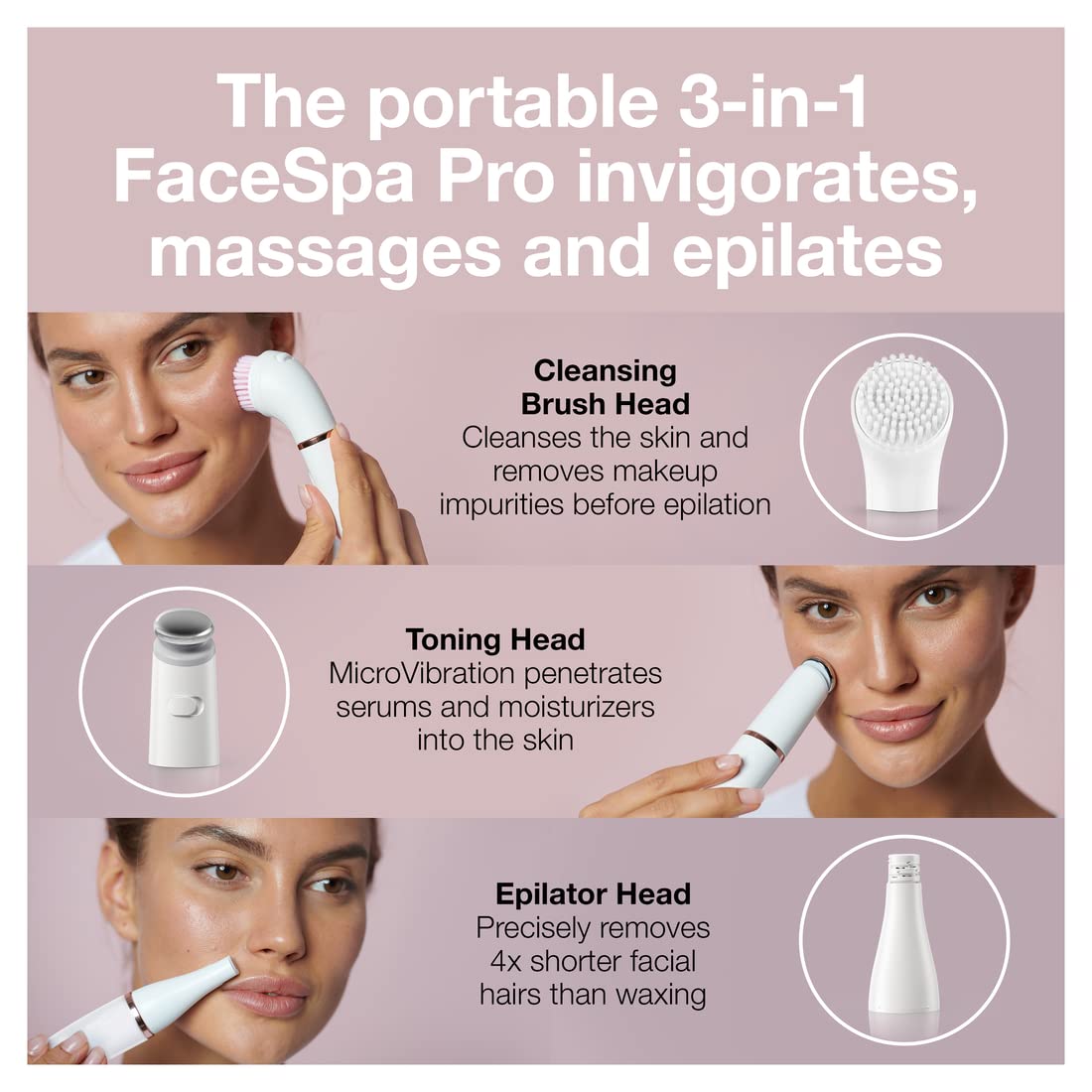 Face Epilator Facespa Pro 911. Facial Hair Removal for Women. Hair Removal Device. 3-in-1 Epilating. Cleansing Brush and Skin Toning with 3 extras