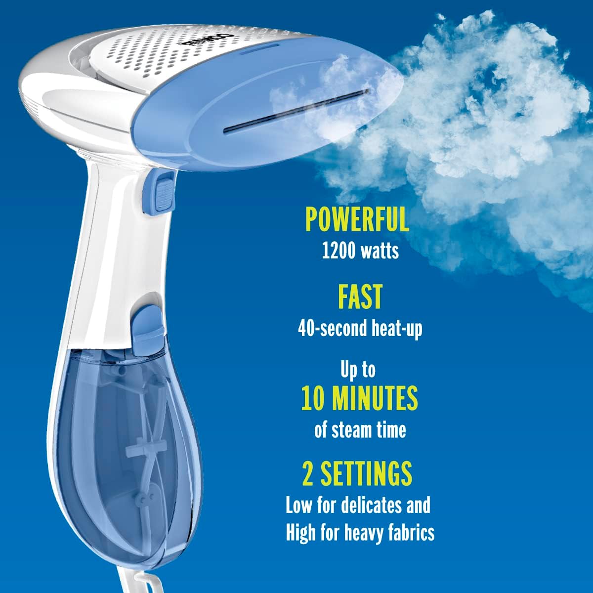 Handheld Garment Steamer for Clothes. ExtremeSteam 1200W. Portable Handheld Design.White/Blue