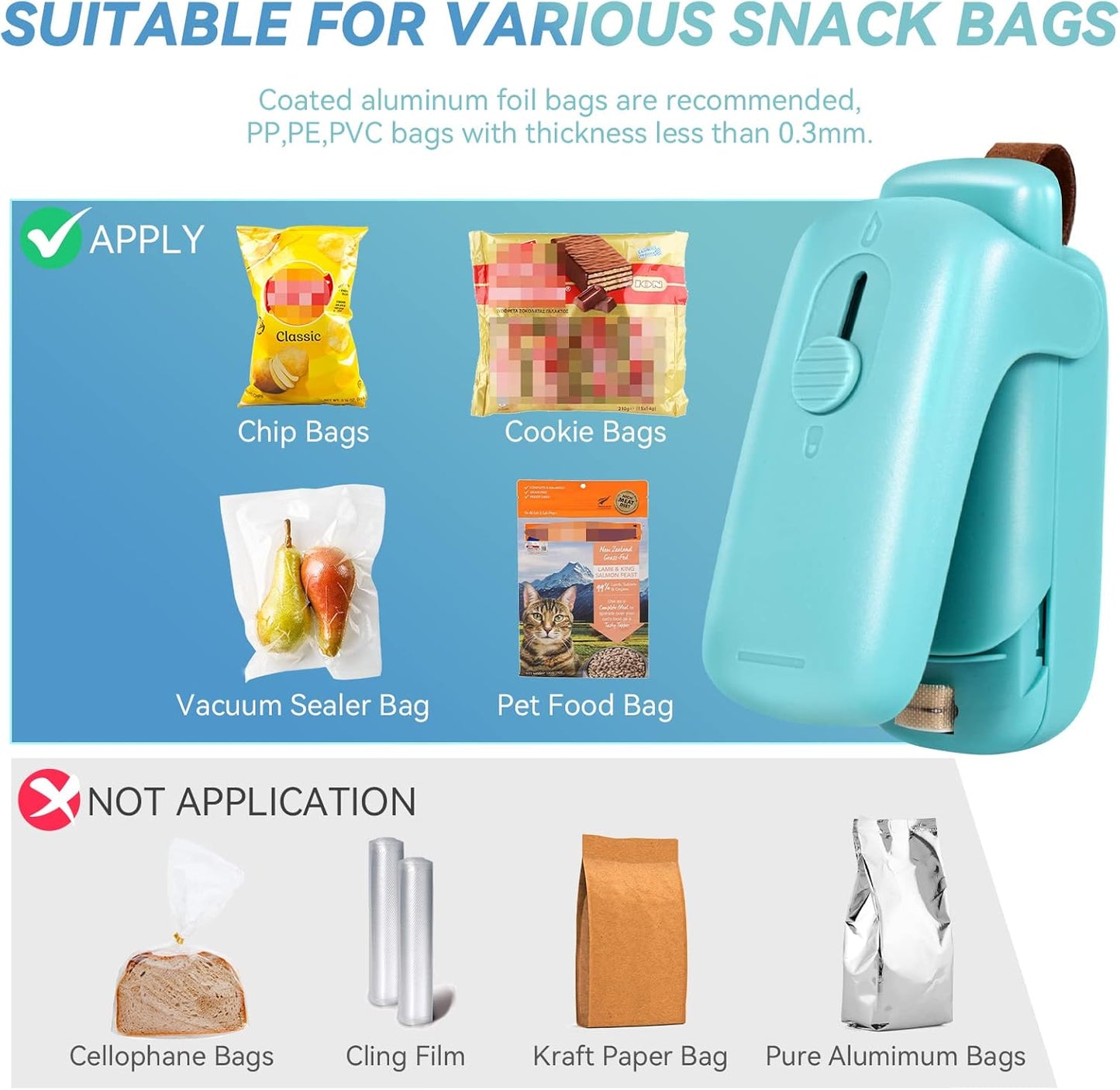 Mini Bag Sealer. Handheld Heat Vacuum Sealer. 2 in 1 Sealer and Cutter with Lanyard. Portable Resealer Machine for Plastic Bags Food Storage Snacks Freshness (2xAA Batteries Included)
