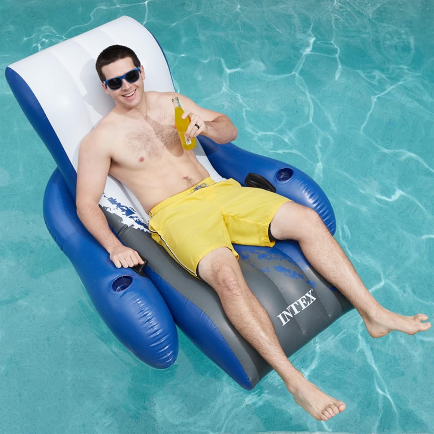 Inflatable Lounge Pool Recliner Lounger Chair with Cup Holders - Heavy-Duty Float Raft for Adults. 220 Lb Capacity Large Floating Tanning Chair