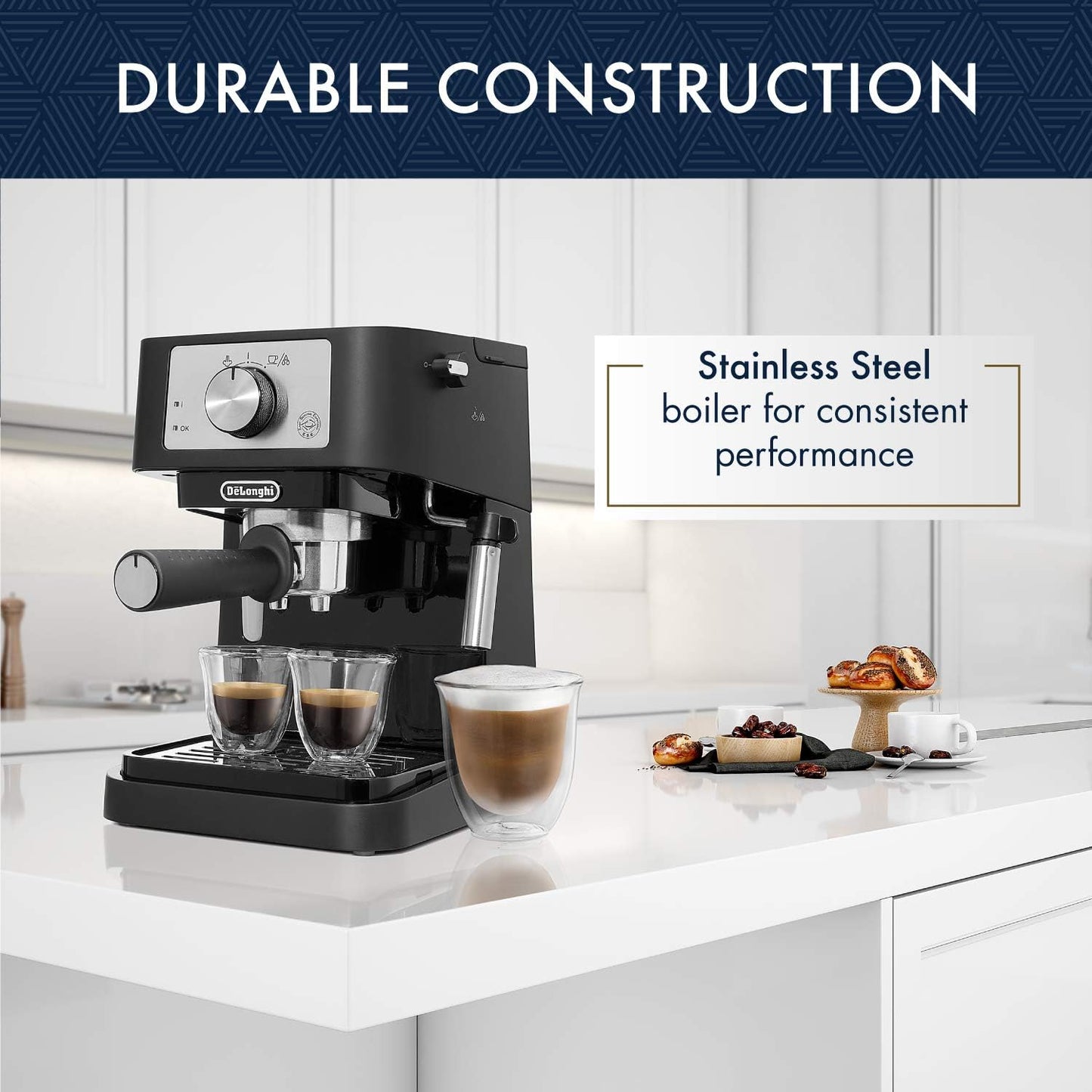 Stilosa Manual Espresso Machine. Latte & Cappuccino Maker. 15 Bar Pump Pressure + Milk Frother Steam Wand. Black / Stainless. EC260BK. 13.5 x 8.07 x 11.22 inches