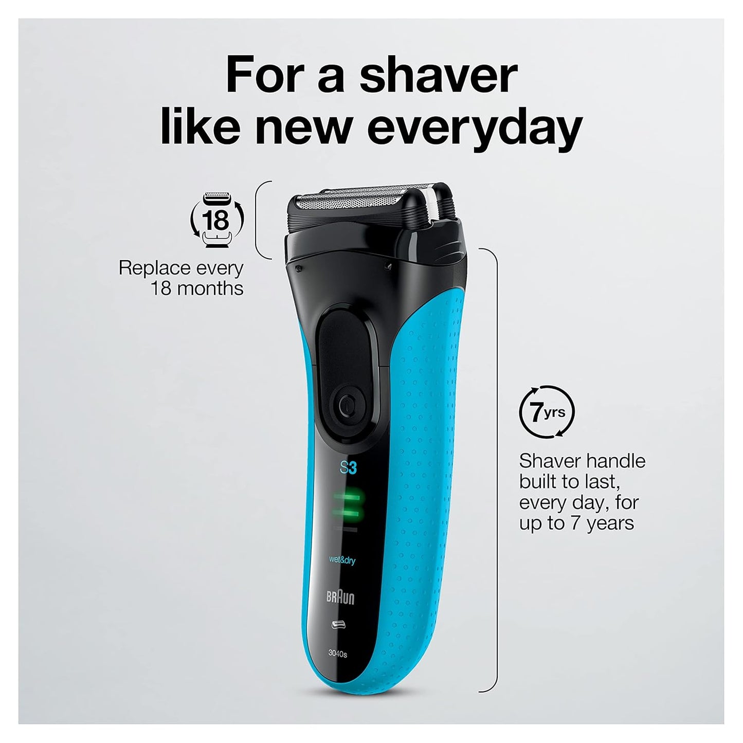 3 Razor with Precision Trimmer. Rechargeable. Wet & Dry Foil Shaver for Men. Blue/Black. 4 Piece
