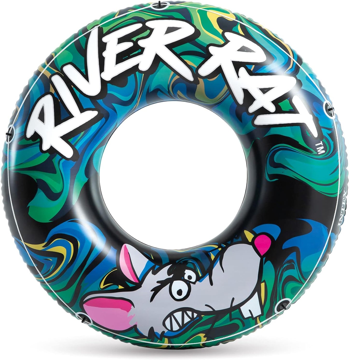 River Rat 48 Inch Inflatable Vinyl Towable Boat Floating Tube Raft for Swimming Pool and Lake in Green Rat or Graffiti Rat Design. Color Varies