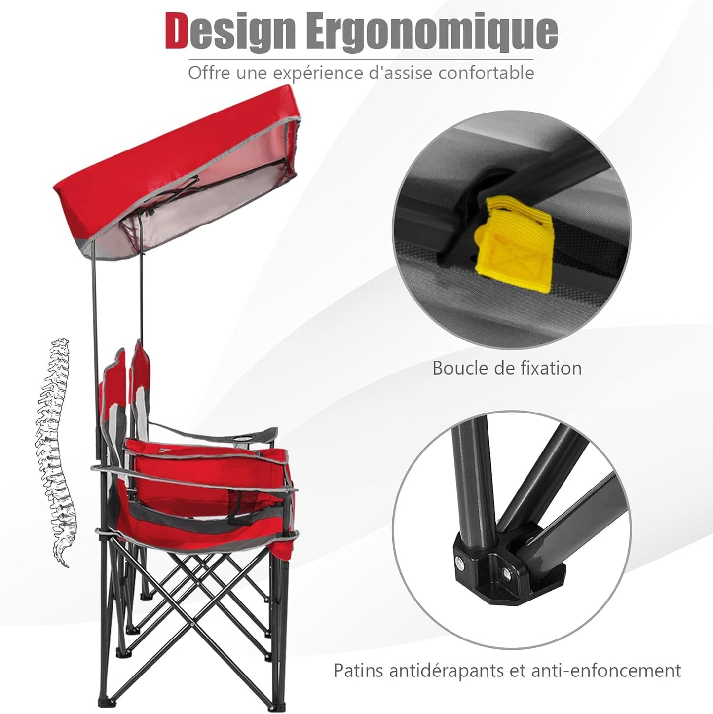 Chaise de Camping Pliante 2 Places avec Parasol Amovible et réglable. Chaise de Plage avec Glacière et Porte-Gobelet. pour Pique-Nique. Pêche. Charge 120KG Chaque Siège (Rouge)