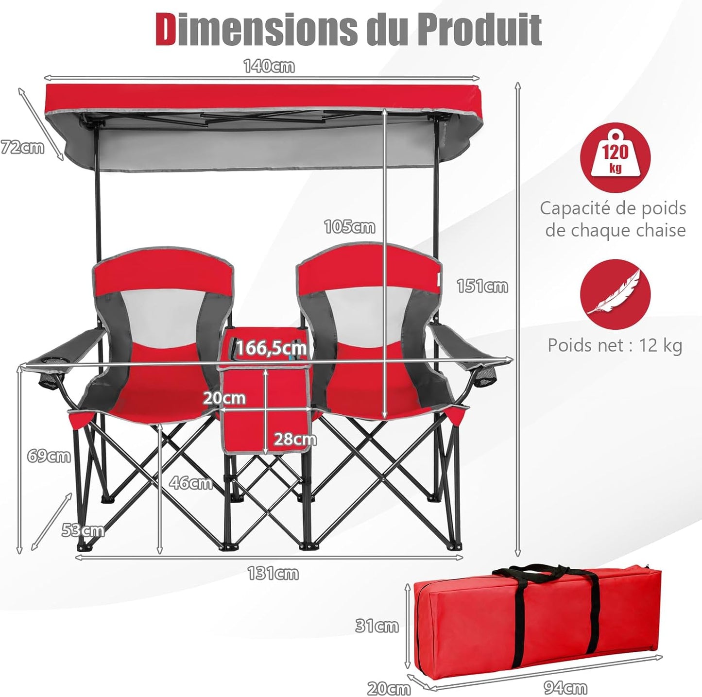 Chaise de Camping Pliante 2 Places avec Parasol Amovible et réglable. Chaise de Plage avec Glacière et Porte-Gobelet. pour Pique-Nique. Pêche. Charge 120KG Chaque Siège (Rouge)