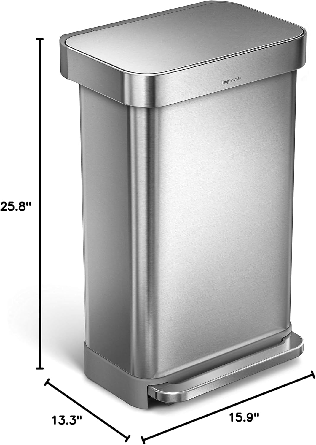 45 Liter / 12 Gallon Rectangular Hands-Free Kitchen Step Trash Can with Soft-Close Lid. Brushed Stainless Steel