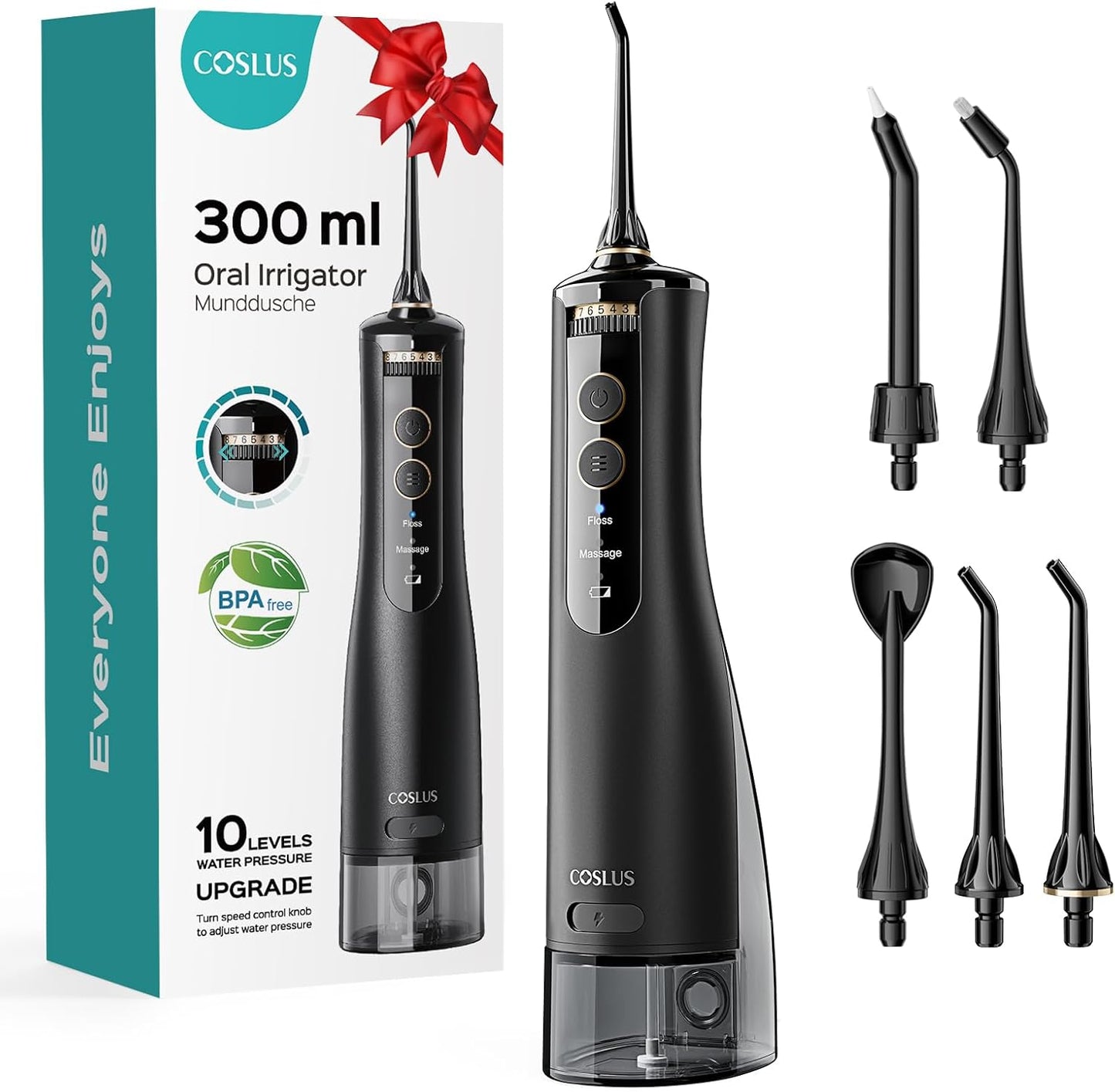 Cordless Water Flosser & Dental Pick for Teeth. Braces. Gums Care - Advanced 10 Pressure Settings for Multiple Users. Rechargeable. Portable for Travel. BPA-Free. Black. E40(WFP14)