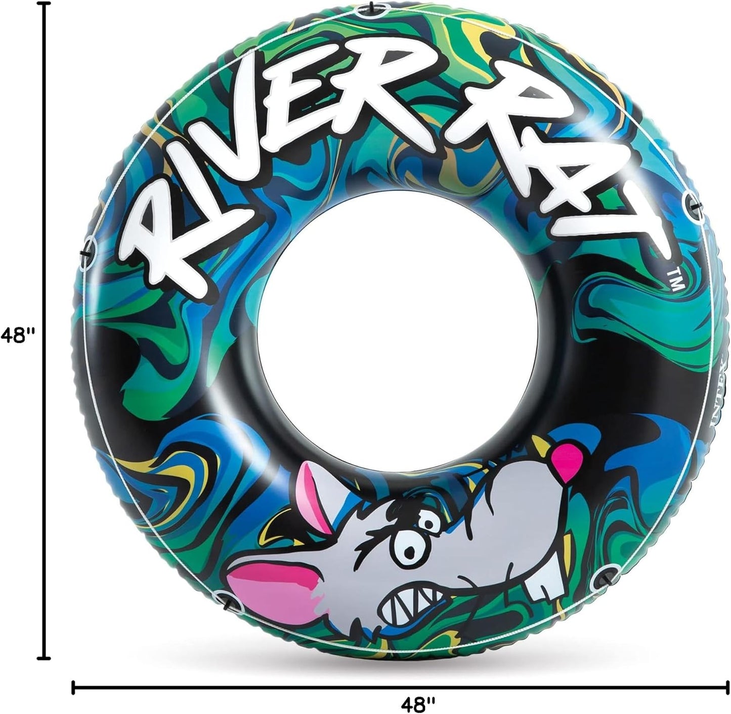 River Rat 48 Inch Inflatable Vinyl Towable Boat Floating Tube Raft for Swimming Pool and Lake in Green Rat or Graffiti Rat Design. Color Varies