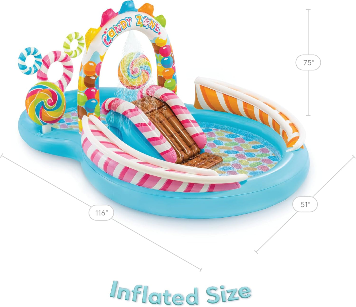 Candy Zone Inflatable Kiddie Pool: Inflatable Kids Pool with Water Sprayer and Slide – Splash Pad – 116 x 75 x 51 – Ages 3+