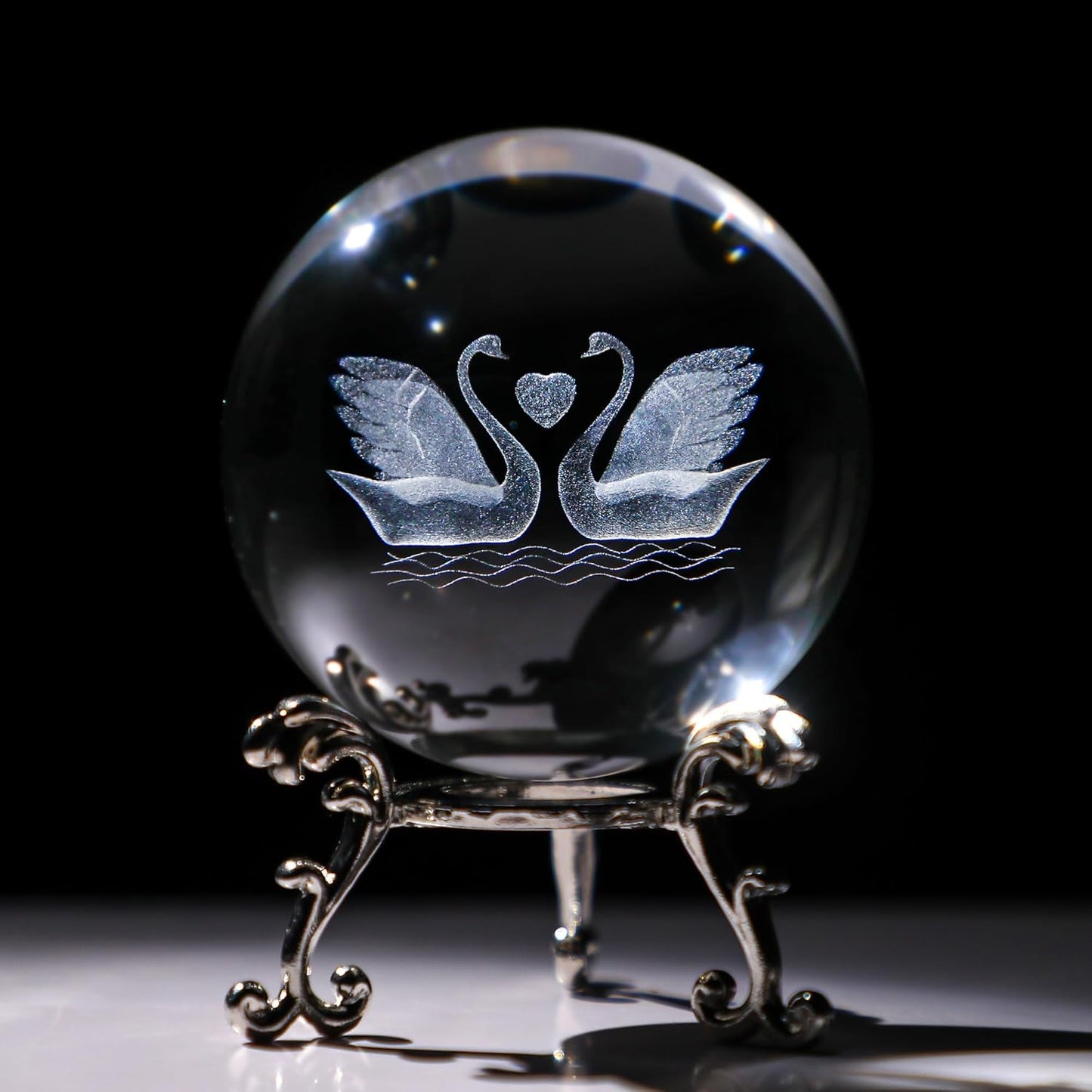 3D Engrving Crystal Lotus Flower Figurine Crystal Ball with Sliver-Plated Flowering Stand Glass Decorative Ball Sphere for Home Decor 2.3 inch (60mm)