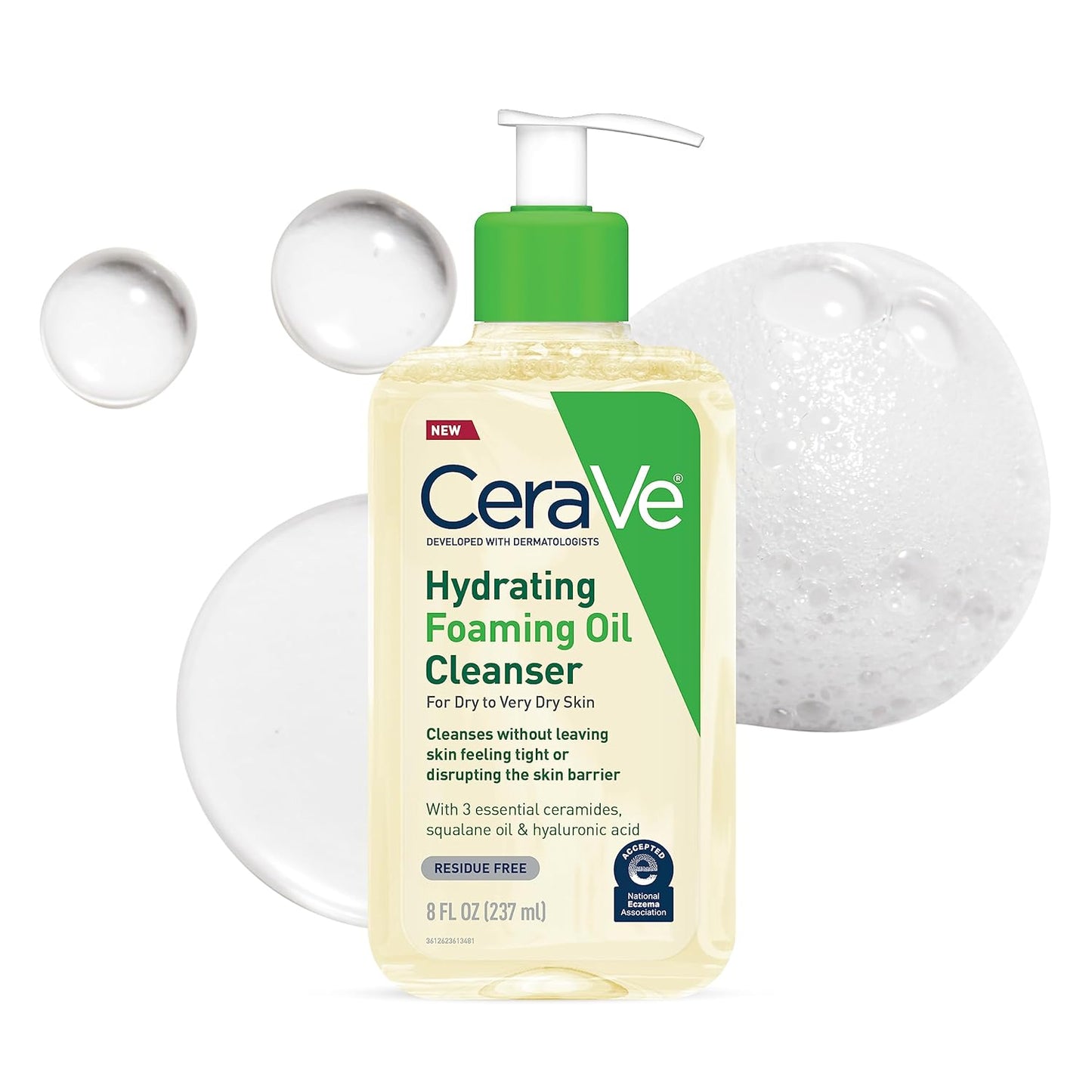 Hydrating Foaming Oil Cleanser. Moisturizing Oil Cleanser for Face & Body. Squalane Oil + Hyaluronic Acid + Ceramides. For Dry to Very Dry Skin. Fragrance Free & Residue Free. 19 FL Oz