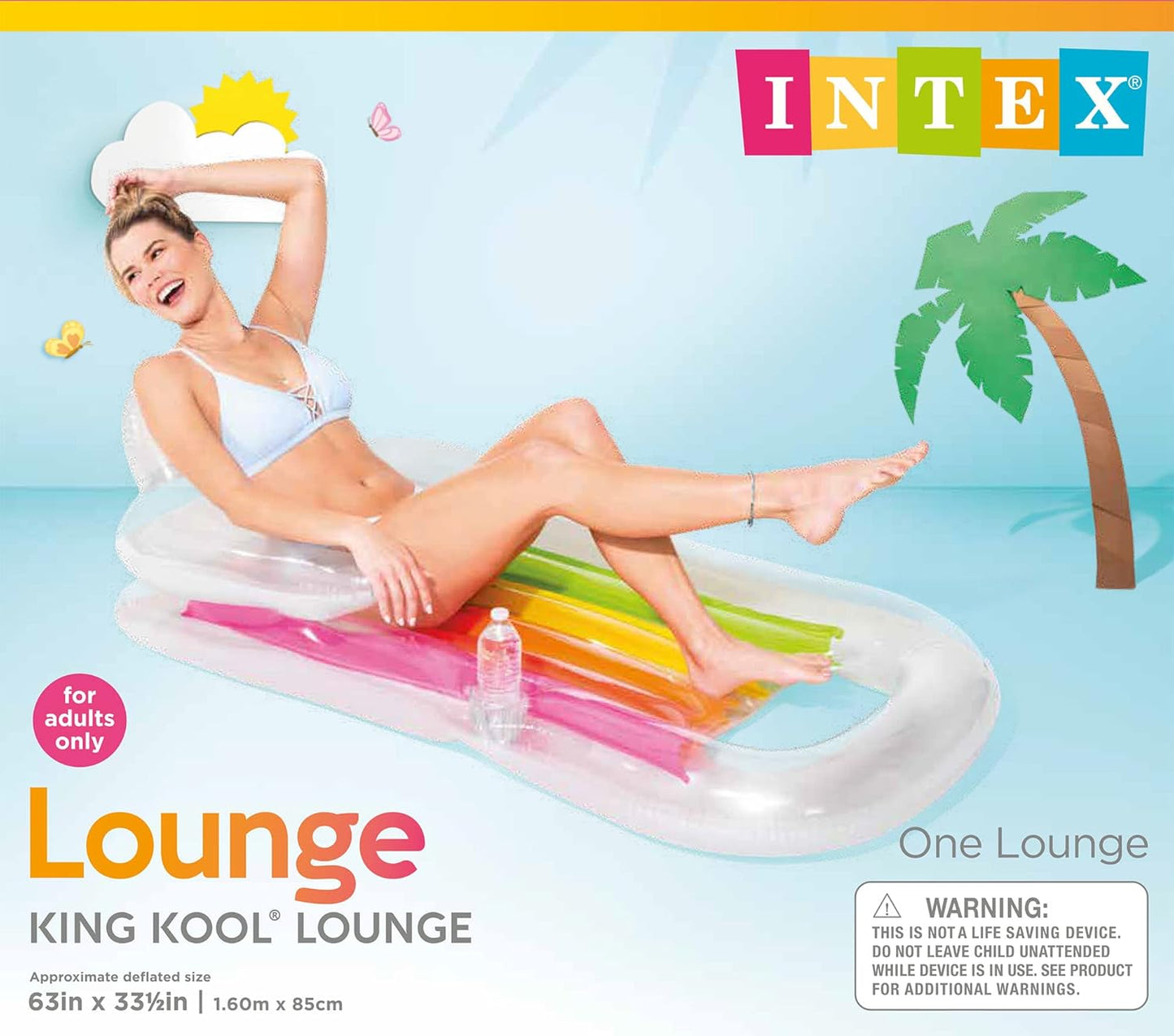 58802EP King Kool Inflatable Single Person Lounging Swimming Pool Float with Armrests. Backrest. and Cupholder. Multi-Colored