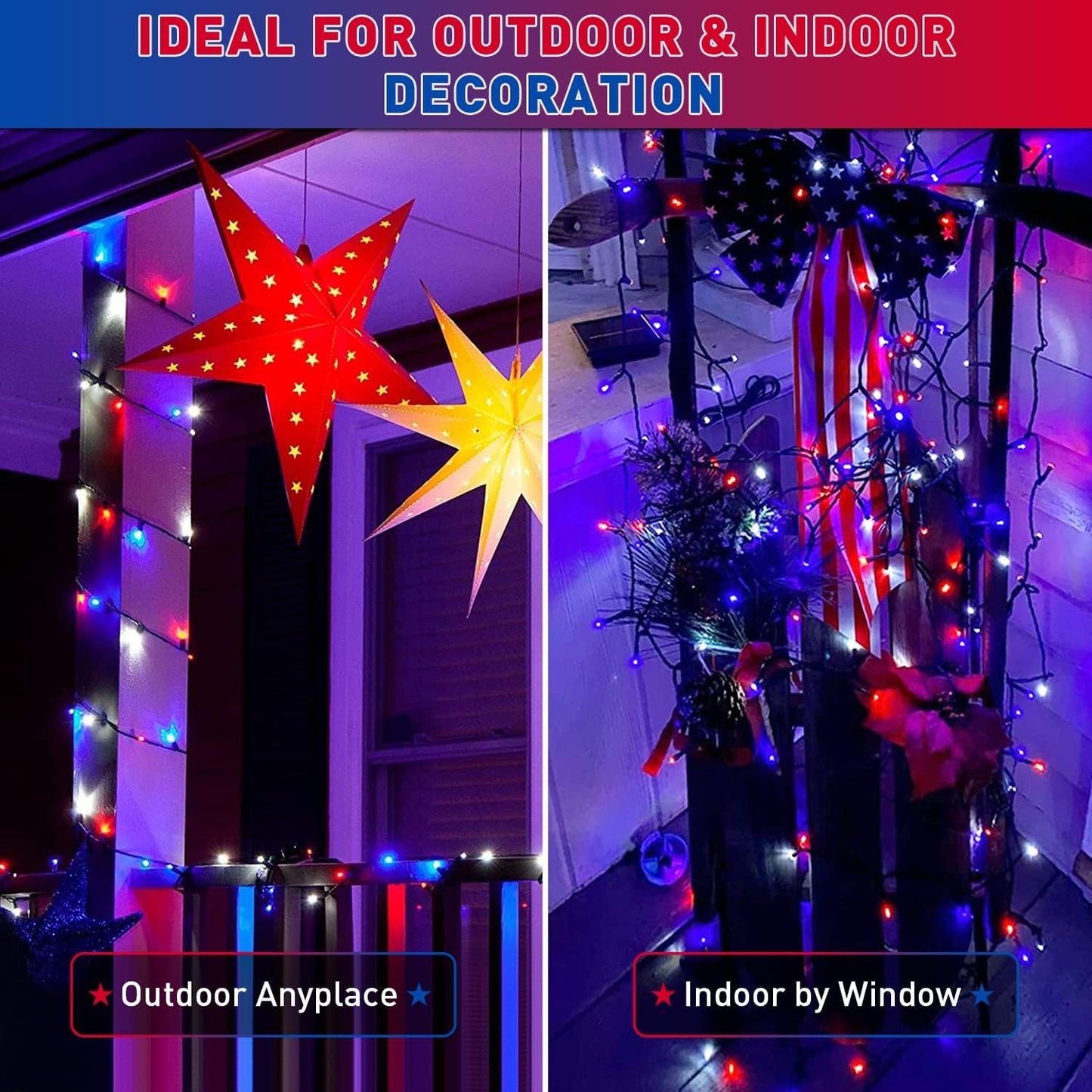 2 Pack Red White and Blue Solar Lights 100LED 33ft Patriot Solar String Lights Waterproof. 8 Modes 4th of July Lights for Independence Day. Gardens. Tree. Outdoor 4th of July Decorations