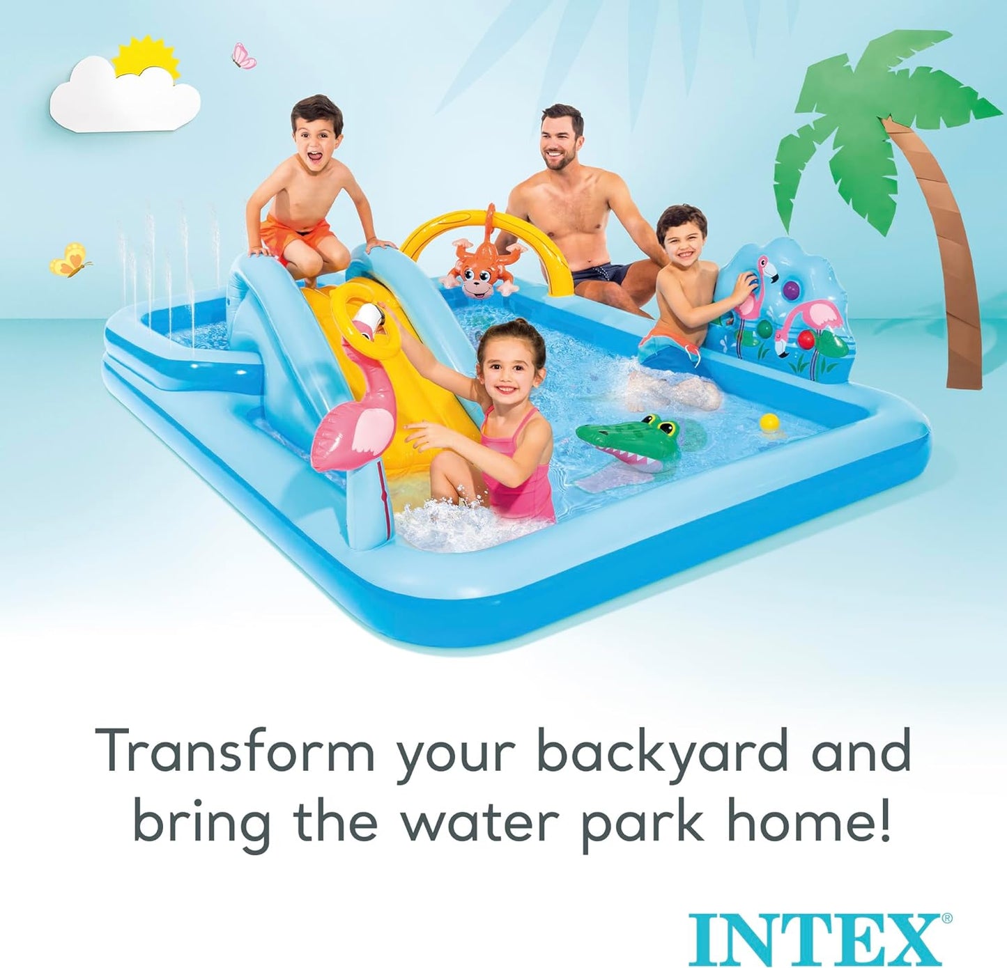 96 x 78 x 28 Inflatable Jungle Adventure Play Center Spray Kiddie Pool - Backyard Kids Water Slide. Outdoor Blow-Up Splash Pad for Toddlers