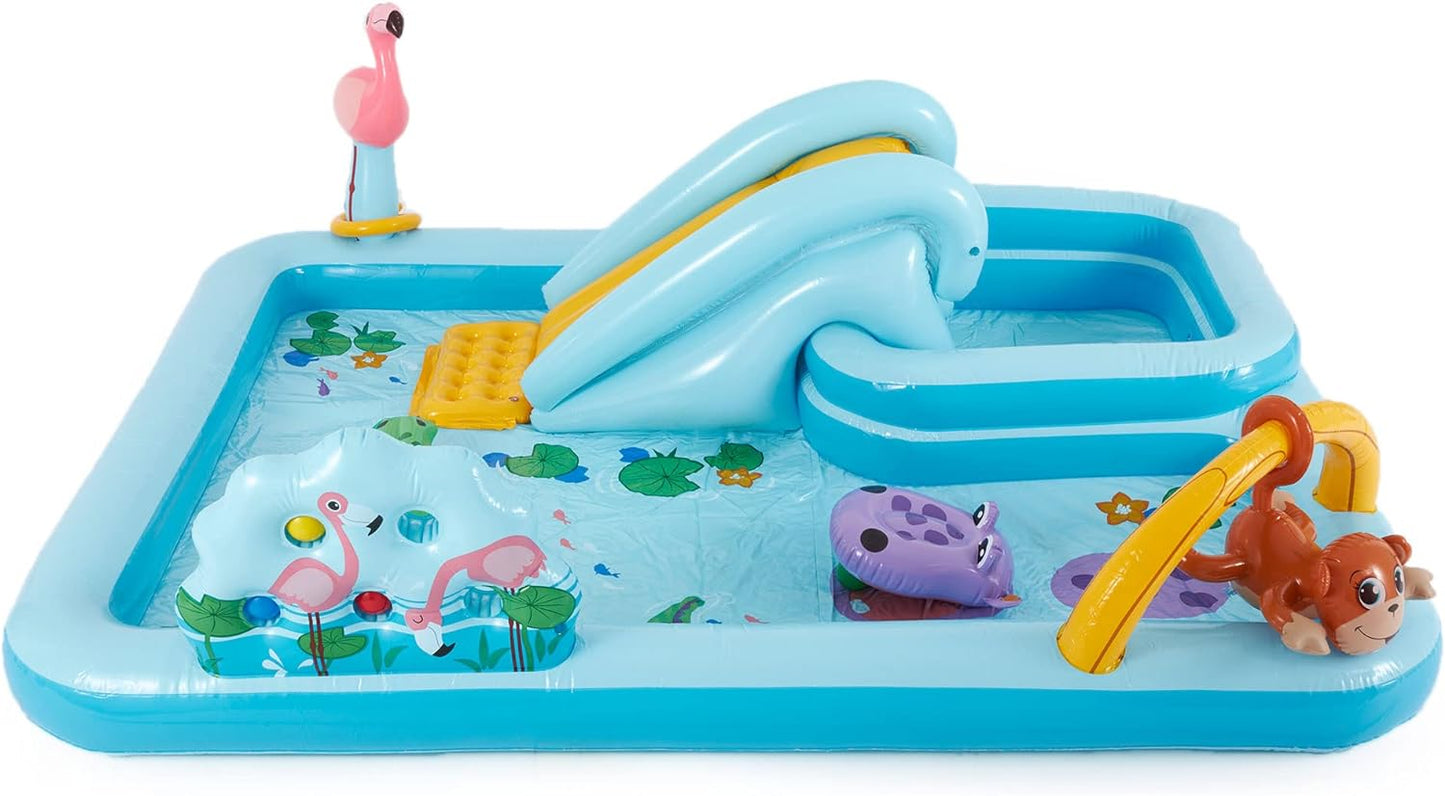 96 x 78 x 28 Inflatable Jungle Adventure Play Center Spray Kiddie Pool - Backyard Kids Water Slide. Outdoor Blow-Up Splash Pad for Toddlers