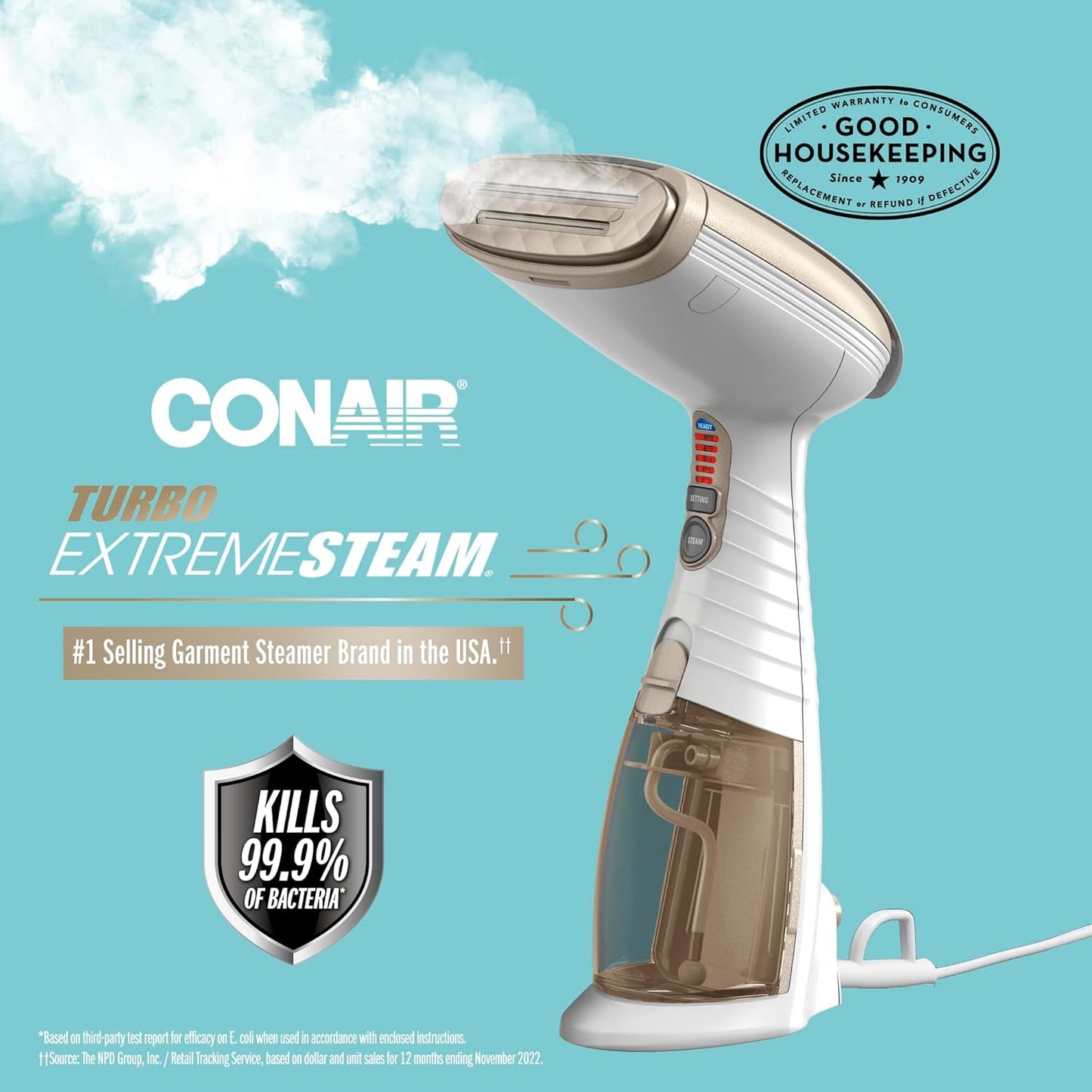 Handheld Garment Steamer for Clothes. Turbo ExtremeSteam 1875W. Portable Handheld Design. Strong Penetrating Steam. White / Champagne