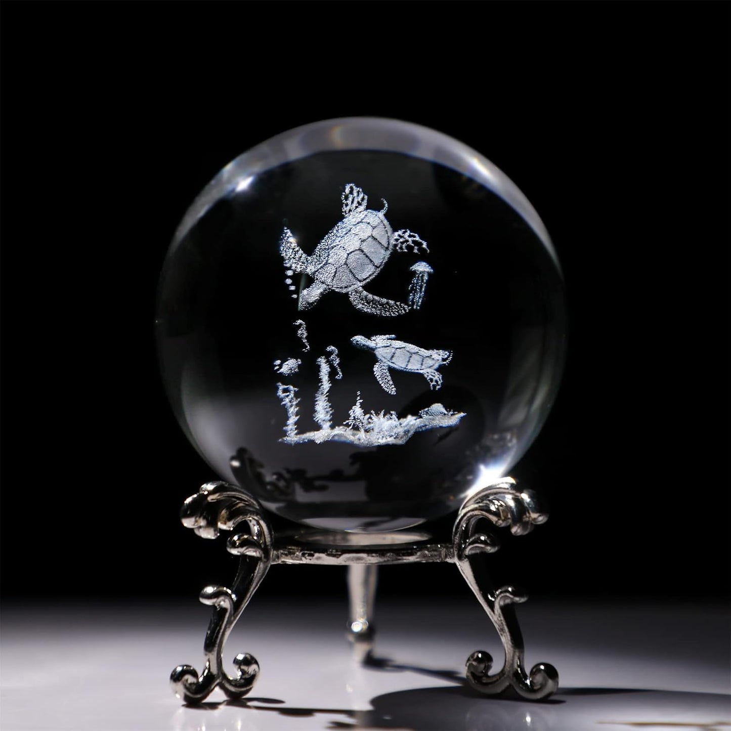 3D Engrving Crystal Lotus Flower Figurine Crystal Ball with Sliver-Plated Flowering Stand Glass Decorative Ball Sphere for Home Decor 2.3 inch (60mm)
