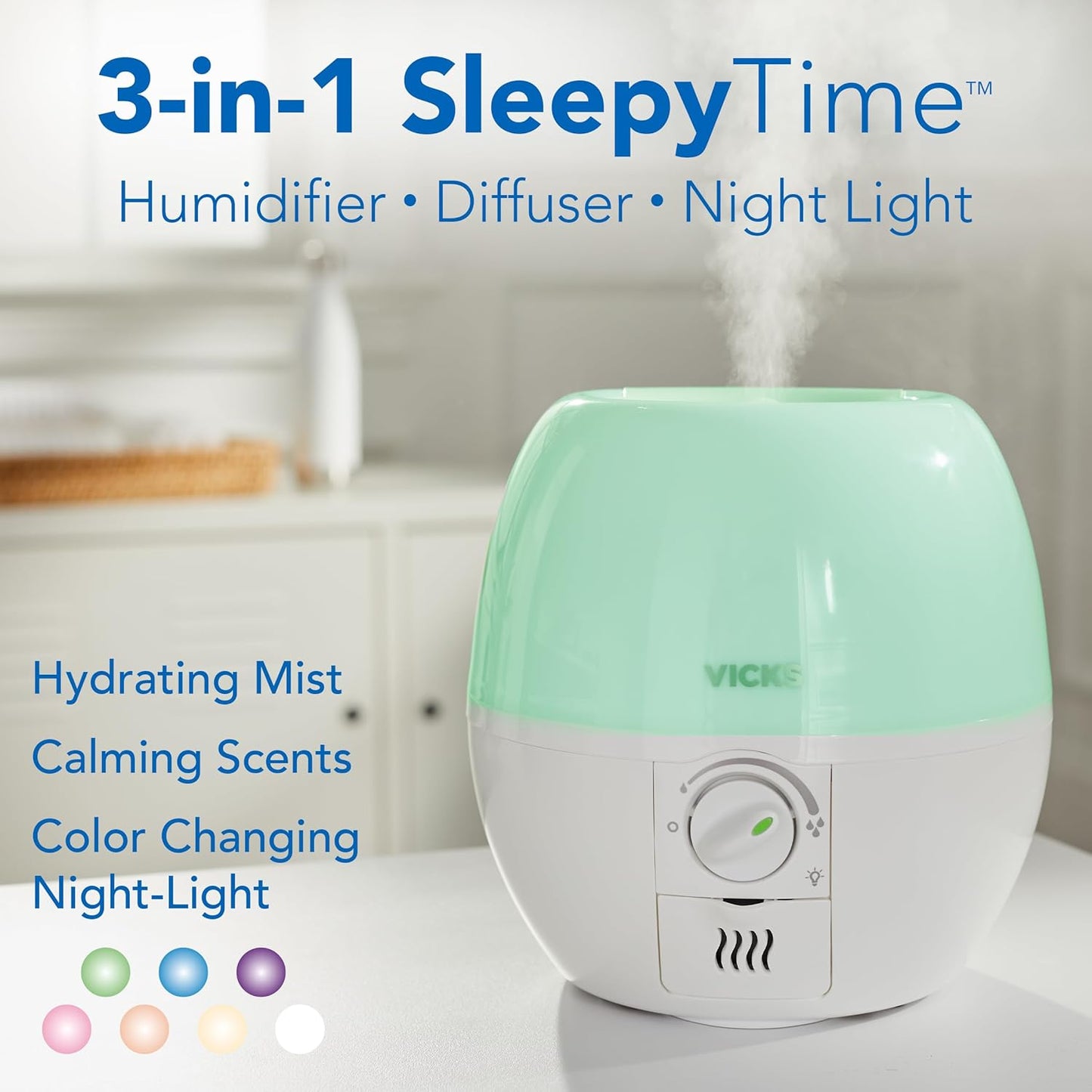 3-in-1 SleepyTime Humidifier. No. 1 Brand Recommended by Pediatricians*. Cool Mist Humidifier with Night-Light. and Essential Oil Diffuser for Baby and Kids rooms. Visible Cool Mist. White.