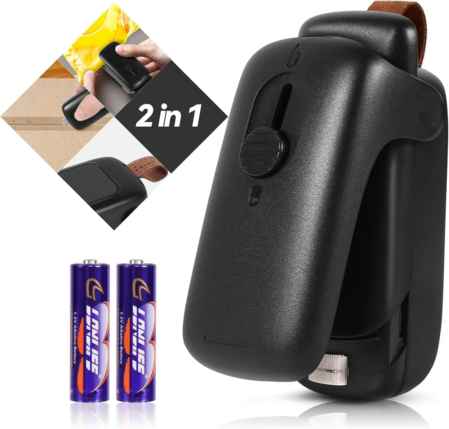 Mini Bag Sealer. Handheld Heat Vacuum Sealer. 2 in 1 Sealer and Cutter with Lanyard. Portable Resealer Machine for Plastic Bags Food Storage Snacks Freshness (2xAA Batteries Included)