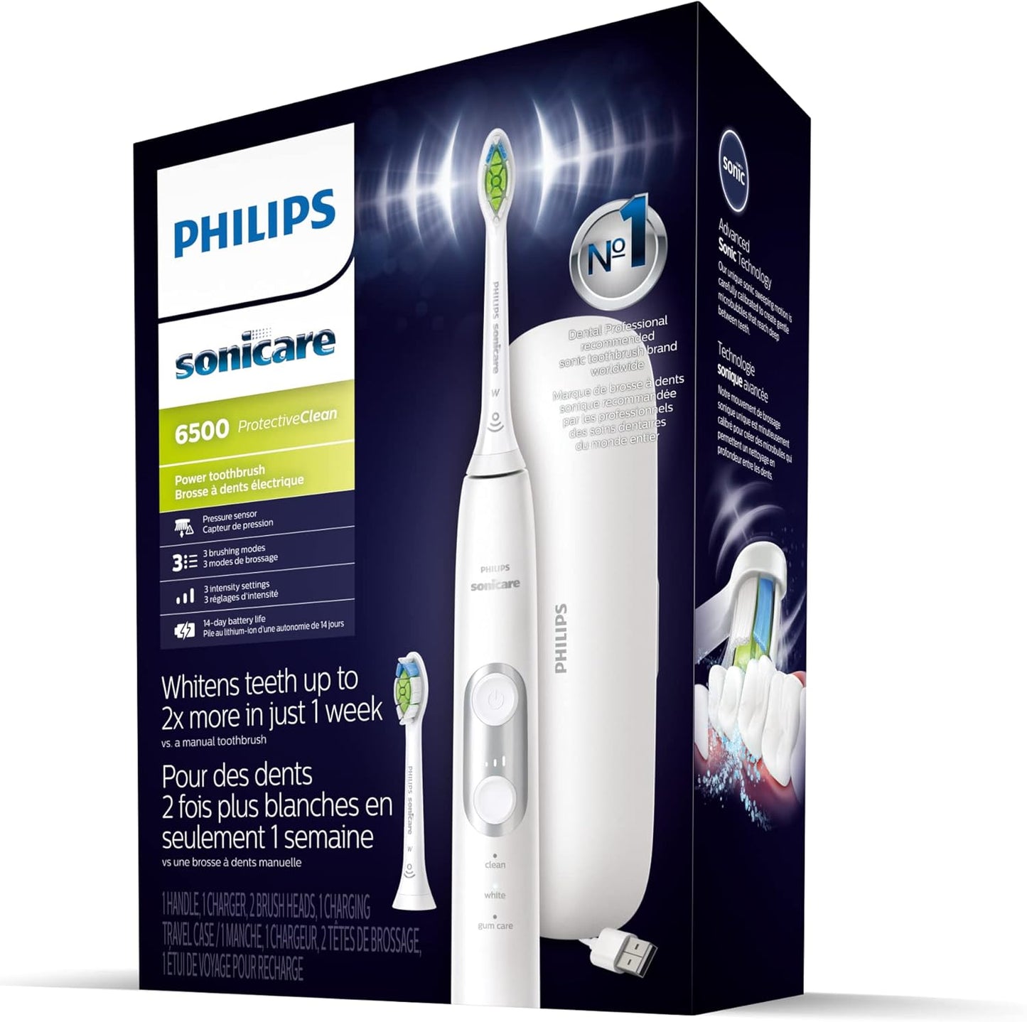 Sonicare ProtectiveClean 6500 Rechargeable Electric Toothbrush. with Pressure Sensor. 3 Cleaning Modes. SmarTimer and QuadPacer. 14-Day Battery Life. Charging Travel Case. White. HX6462/05
