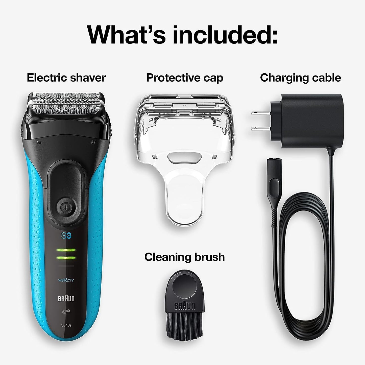 3 Razor with Precision Trimmer. Rechargeable. Wet & Dry Foil Shaver for Men. Blue/Black. 4 Piece