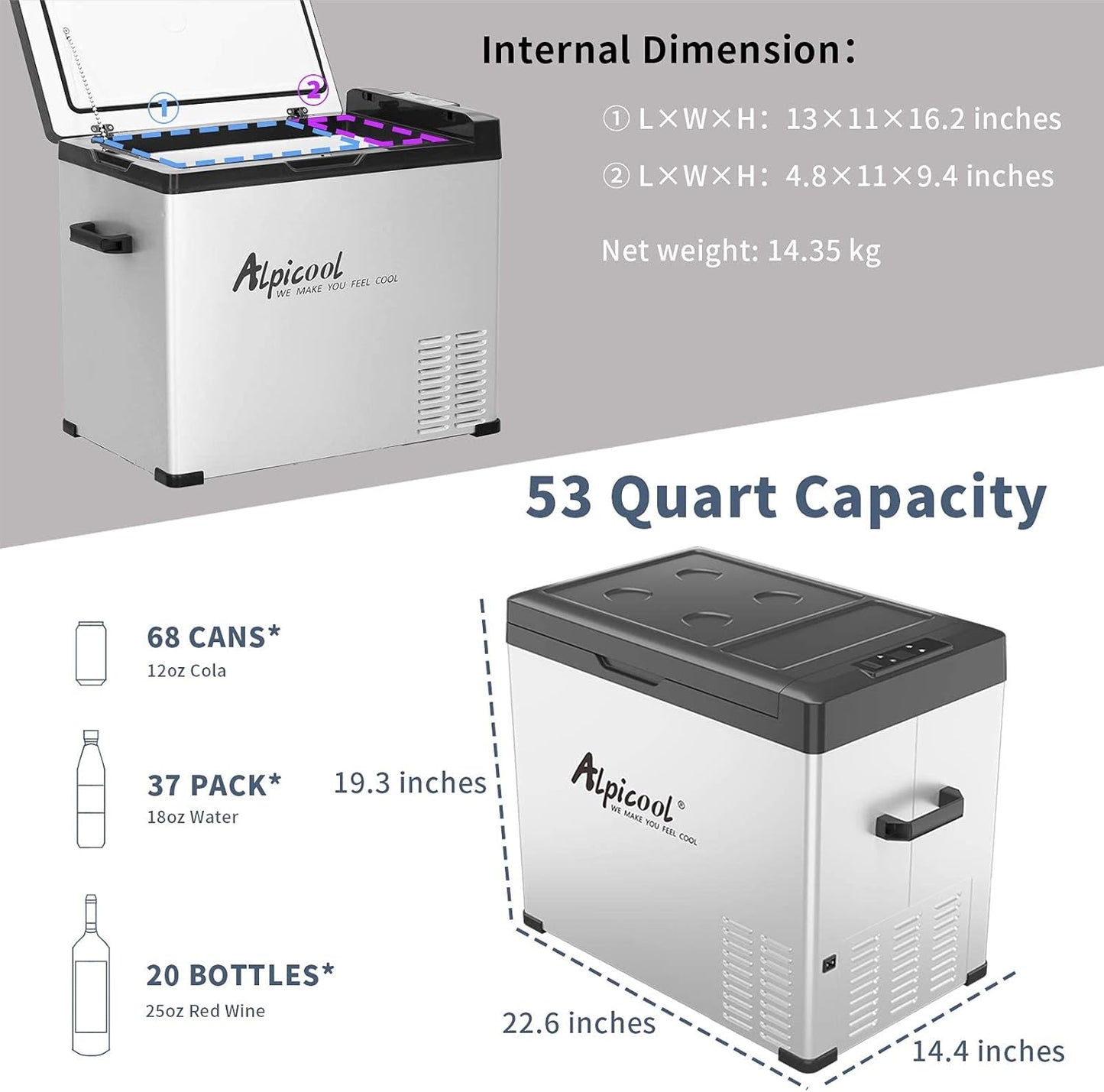 C50 Portable Refrigerator 53 Quart(50 Liter) 12 Volt Car Freezer for Vehicle. Truck. RV. Boat. Mini Fridge Freezer for Travel. Outdoor. Home -12/24V DC and 110-240V AC (Black and Silver)