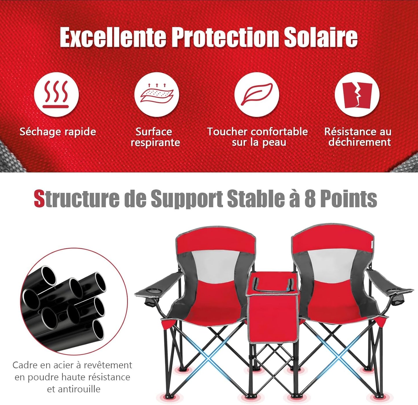 Chaise de Camping Pliante 2 Places avec Parasol Amovible et réglable. Chaise de Plage avec Glacière et Porte-Gobelet. pour Pique-Nique. Pêche. Charge 120KG Chaque Siège (Rouge)