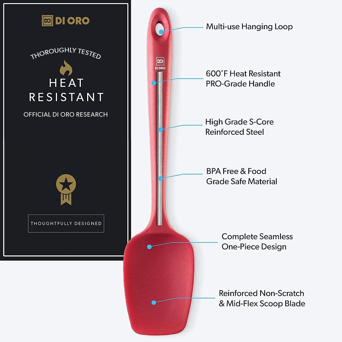 Silicone Spoon Spatula - 600°F Heat-Resistant Large Silicone Spoonula Scraper - BPA Free Nonstick Cookware Safe Rubber Kitchen Utensil for Baking. Cooking. & Mixing - Dishwasher Safe (Red)