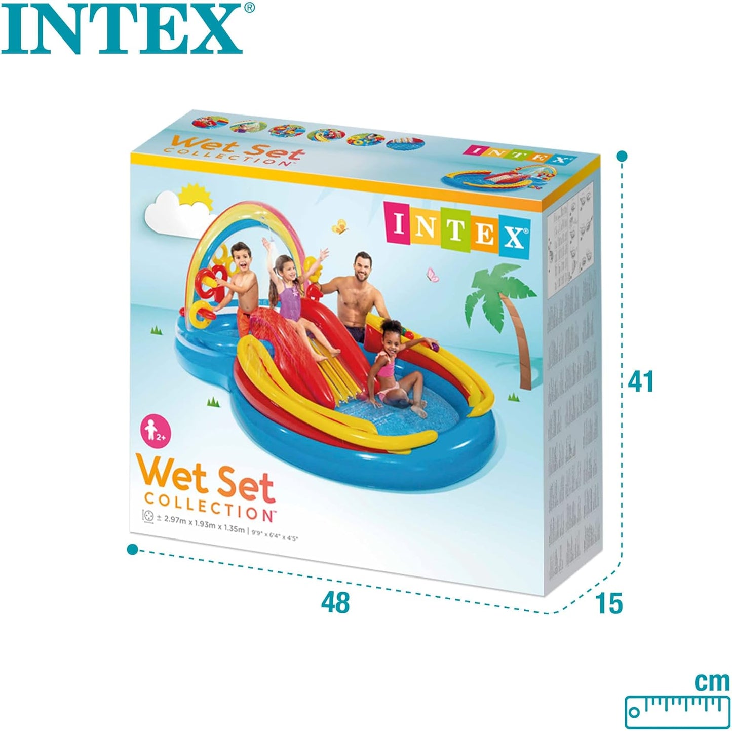 57453EP 9.75 Foot x 6.3 Foot x 53 Inch Multicolor Rainbow Slide Kids Inflatable Pool with Water Slide and Ring Toss for Children Ages 2 and Up