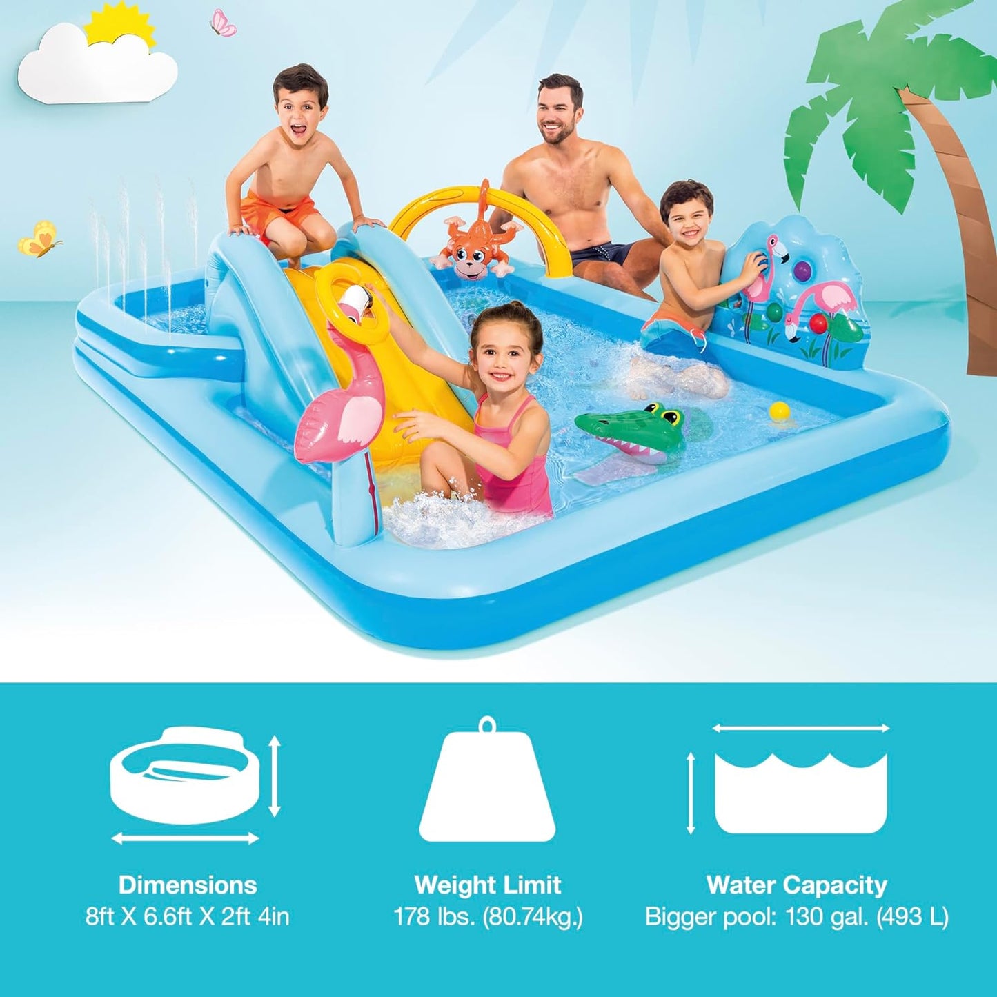 96 x 78 x 28 Inflatable Jungle Adventure Play Center Spray Kiddie Pool - Backyard Kids Water Slide. Outdoor Blow-Up Splash Pad for Toddlers