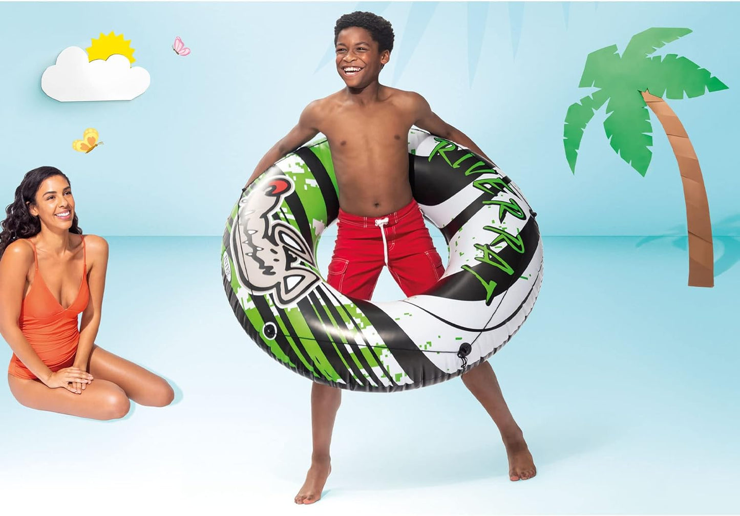 River Rat 48 Inch Inflatable Vinyl Towable Boat Floating Tube Raft for Swimming Pool and Lake in Green Rat or Graffiti Rat Design. Color Varies