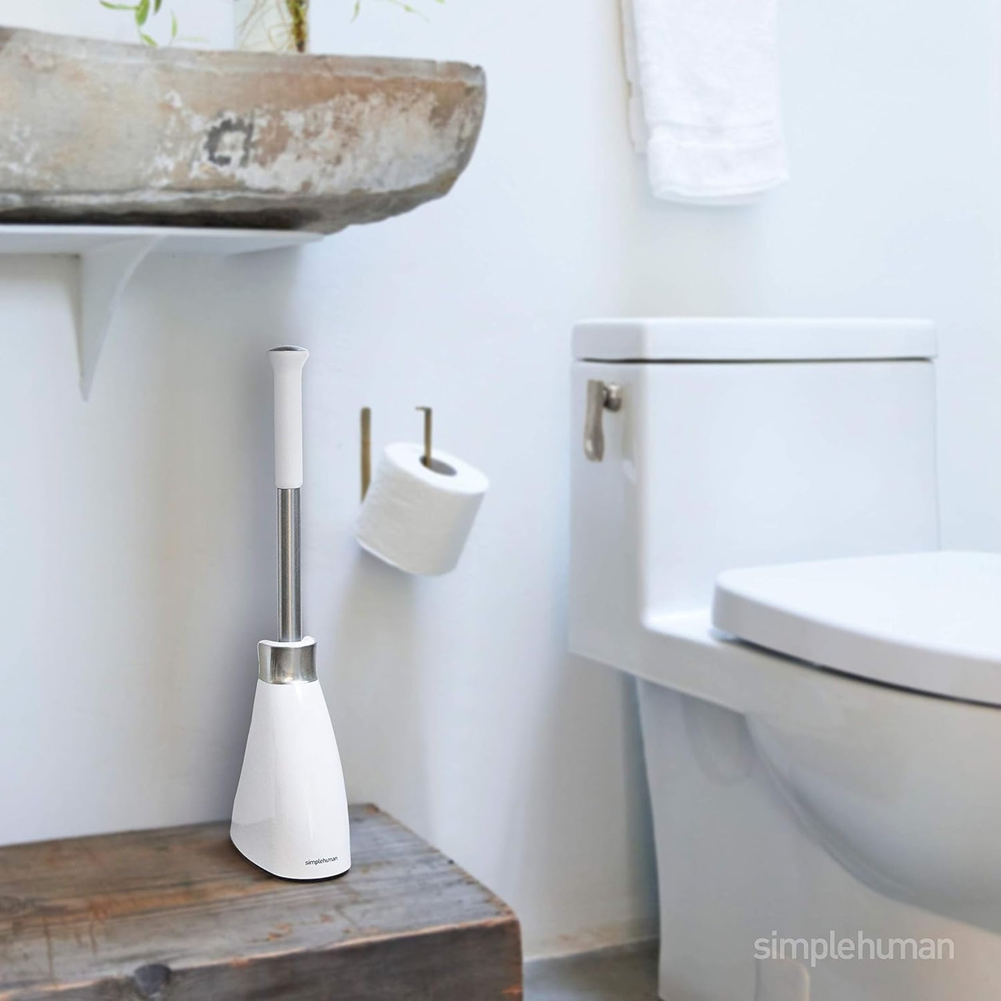 Toilet Brush with Caddy. Stainless Steel. White
