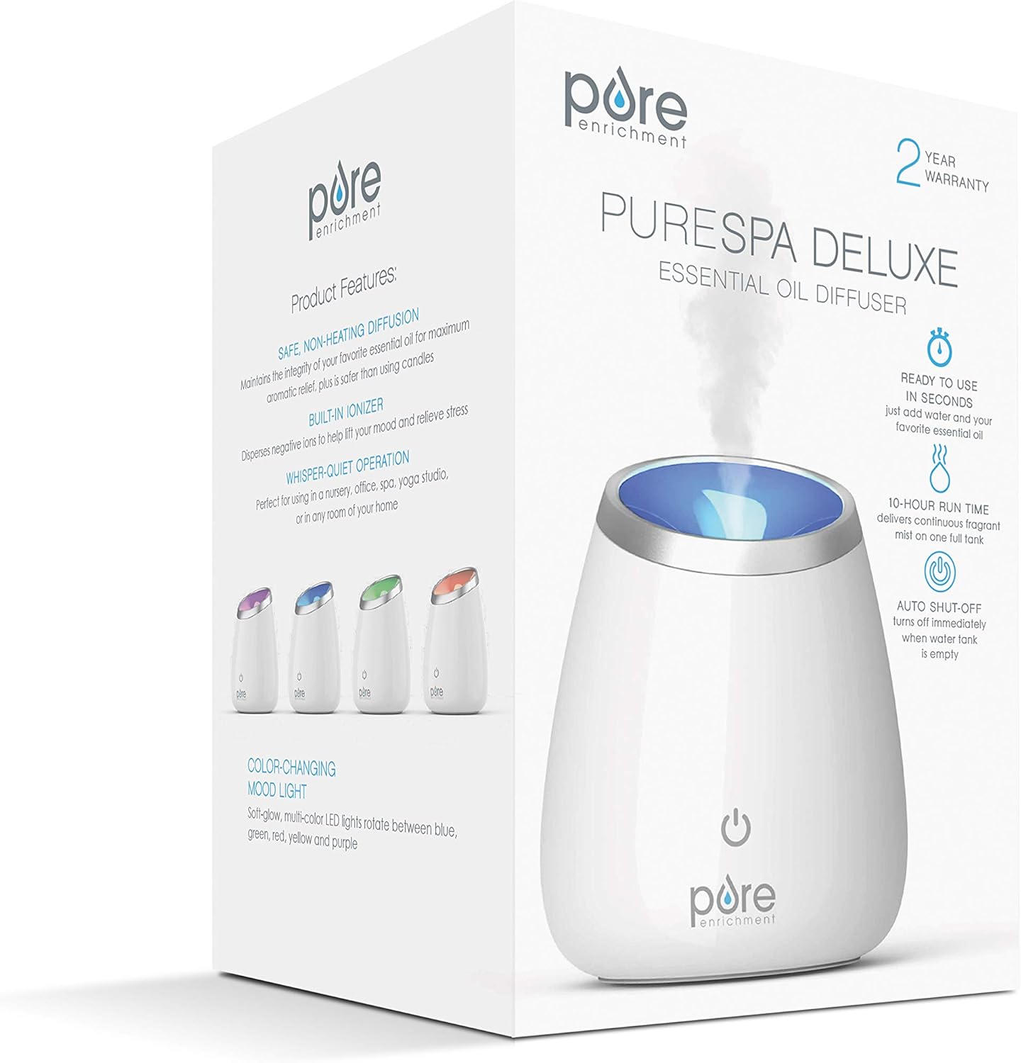 Deluxe Ultrasonic Aromatherapy Oil Diffuser - 120ml Water Tank. Mood-Boosting Ionizer and Optional Color-Changing Light - Lasts Up to 10 Hours with Auto Safety Shut-Off