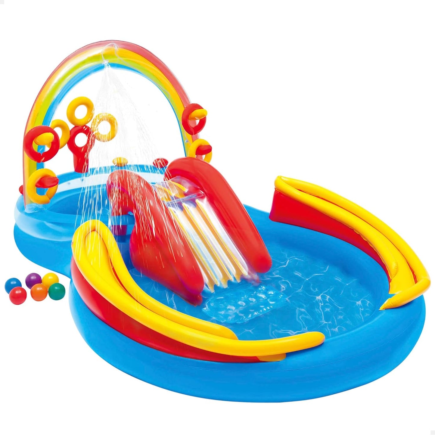 57453EP 9.75 Foot x 6.3 Foot x 53 Inch Multicolor Rainbow Slide Kids Inflatable Pool with Water Slide and Ring Toss for Children Ages 2 and Up